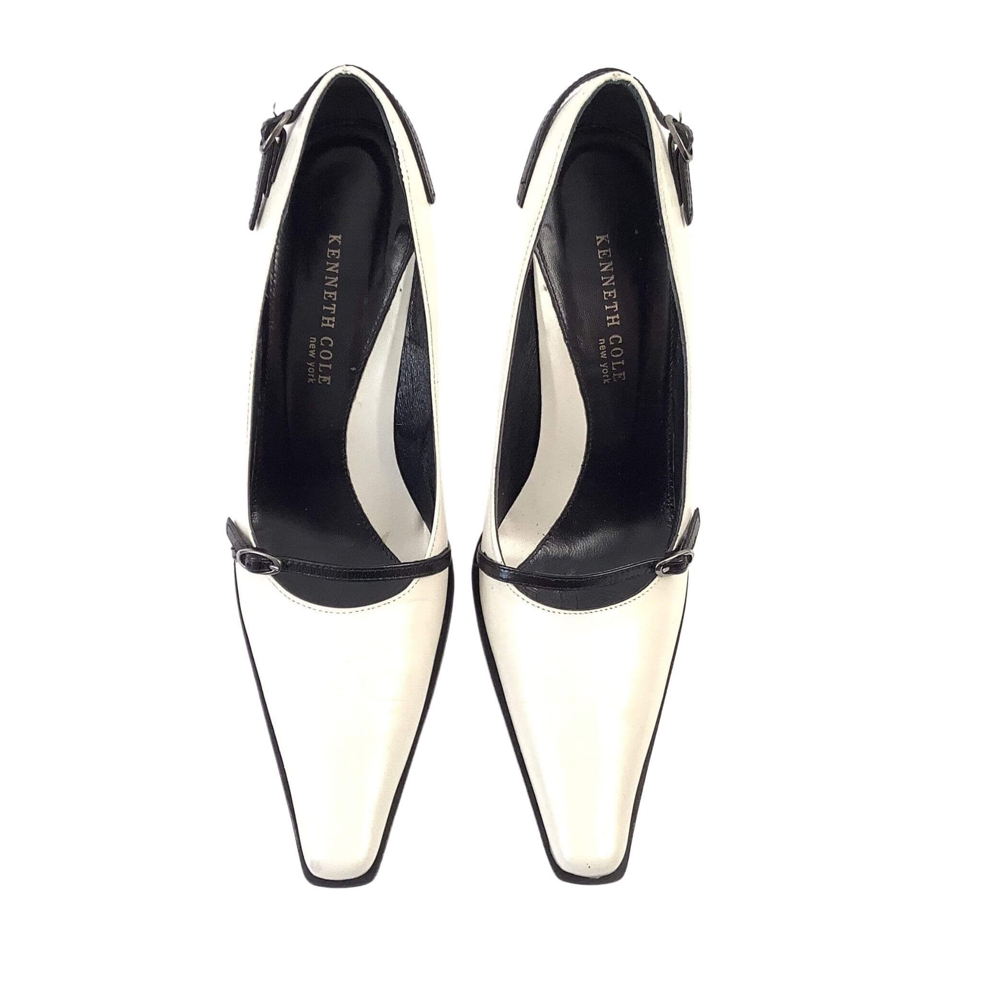 Pair of black and white heels top view