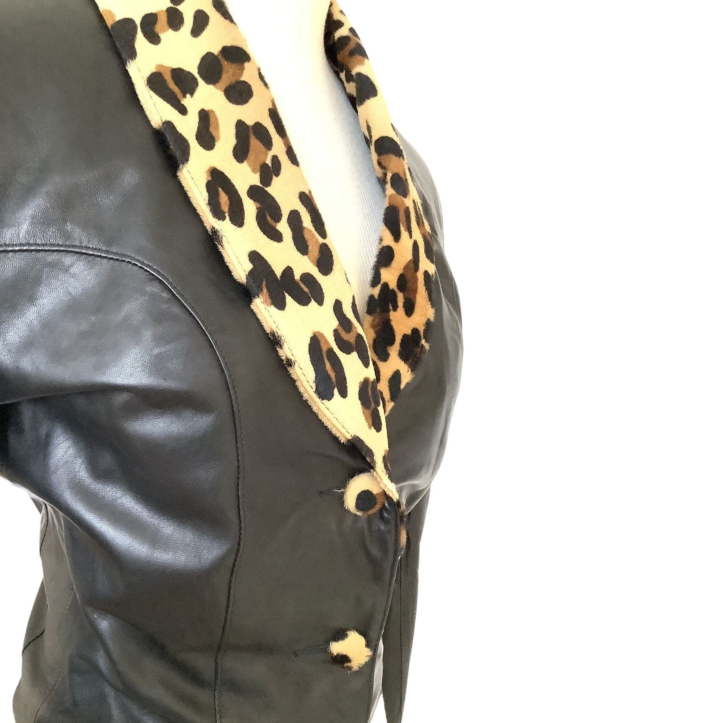 Leopard Trim Leather Jacket Extra Small / Black / Y2K - Now