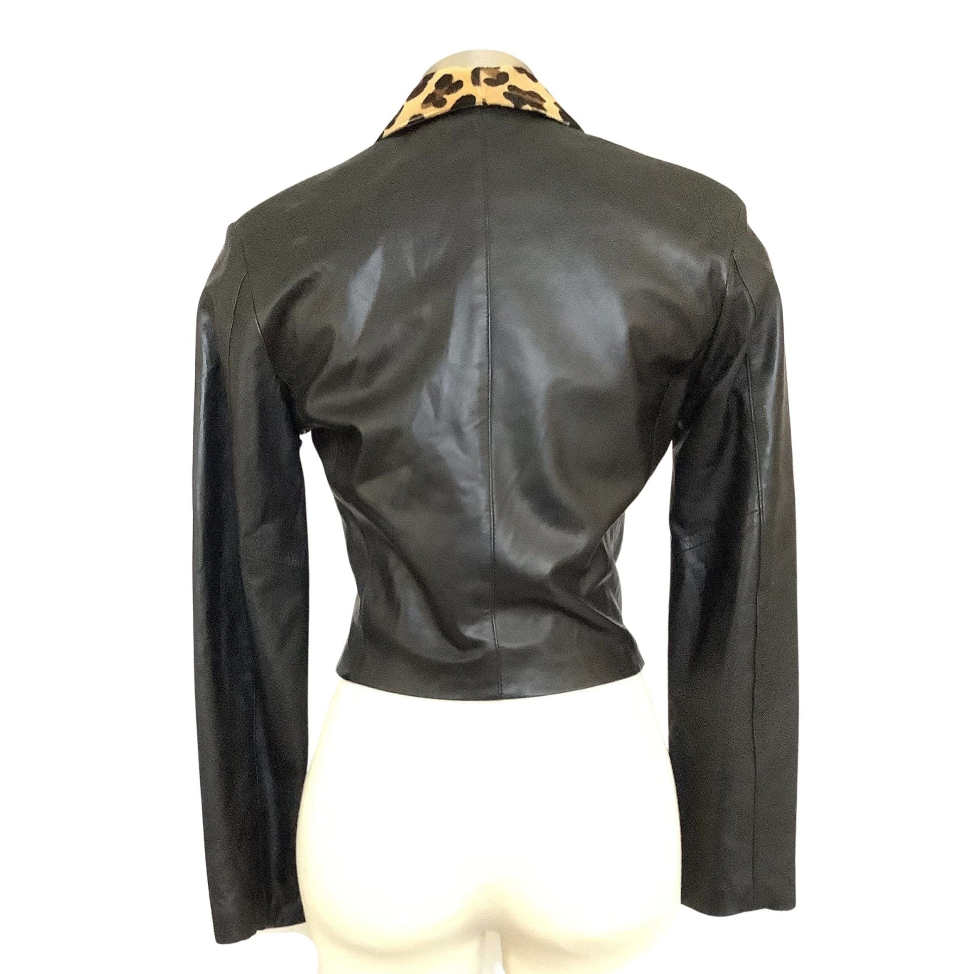 Leopard Trim Leather Jacket Extra Small / Black / Y2K - Now
