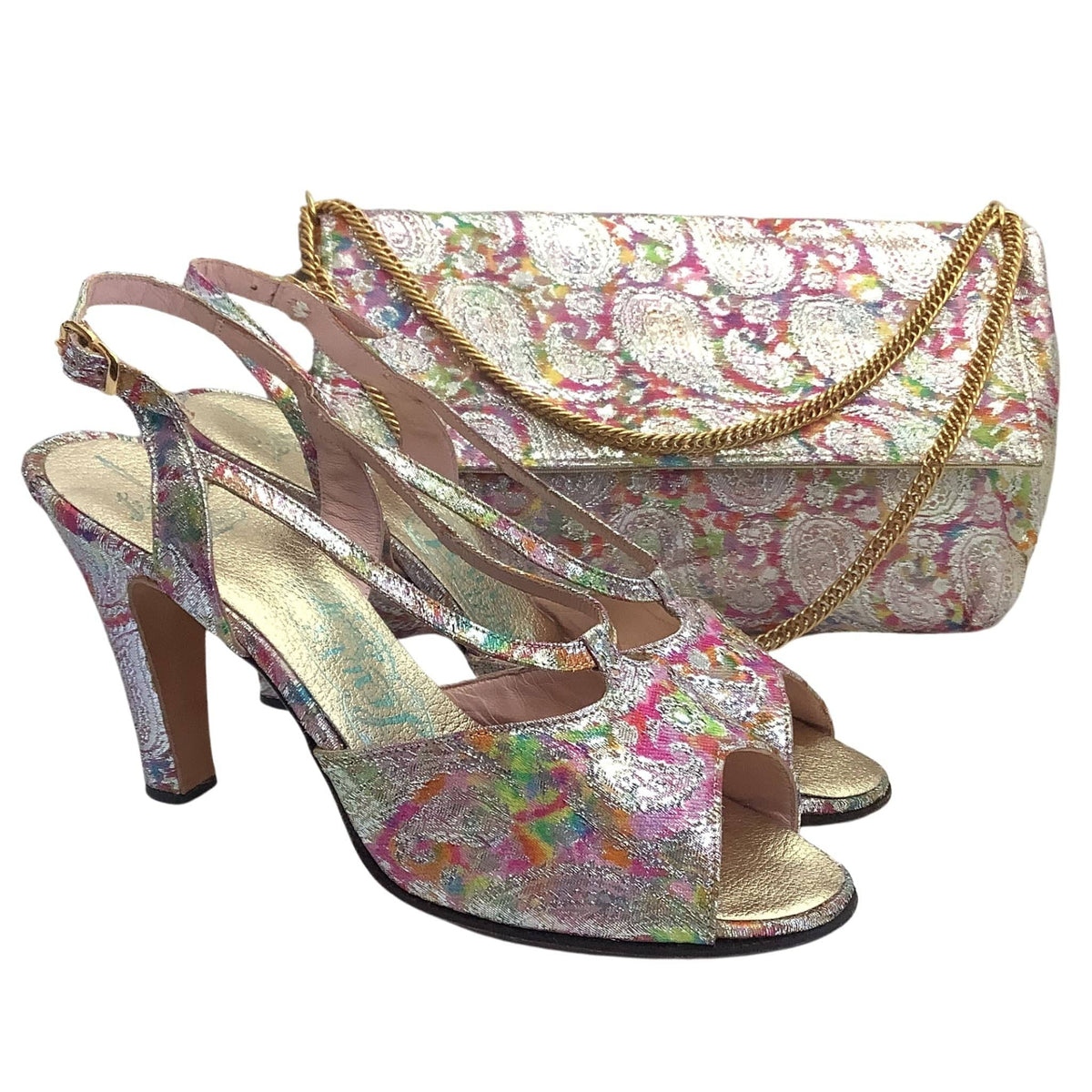 Vintage Lewis Design slingback heels, and matching purse metallic purple psychedelic pattern.