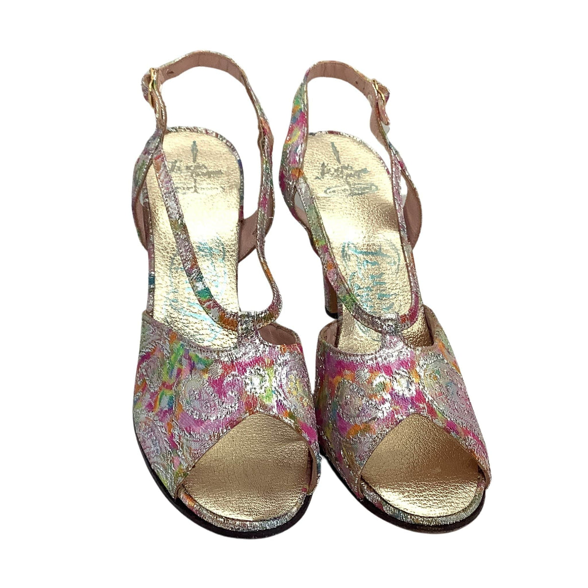 Front view vintage Lewis Design slingback heels, metallic purple psychedelic pattern.