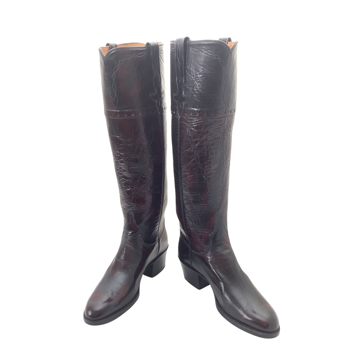 A pair of Lucchese dark brown leather tall boots with a glossy, crinkled texture. Front side view.