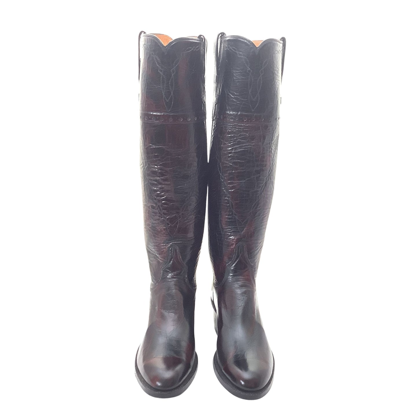 Lucchese vintage boots reddish brown with western stitching details front view.