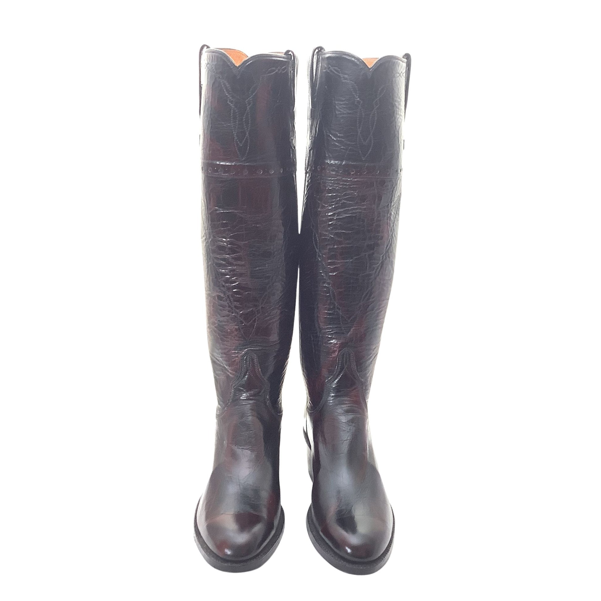 Lucchese vintage boots reddish brown with western stitching details front view.