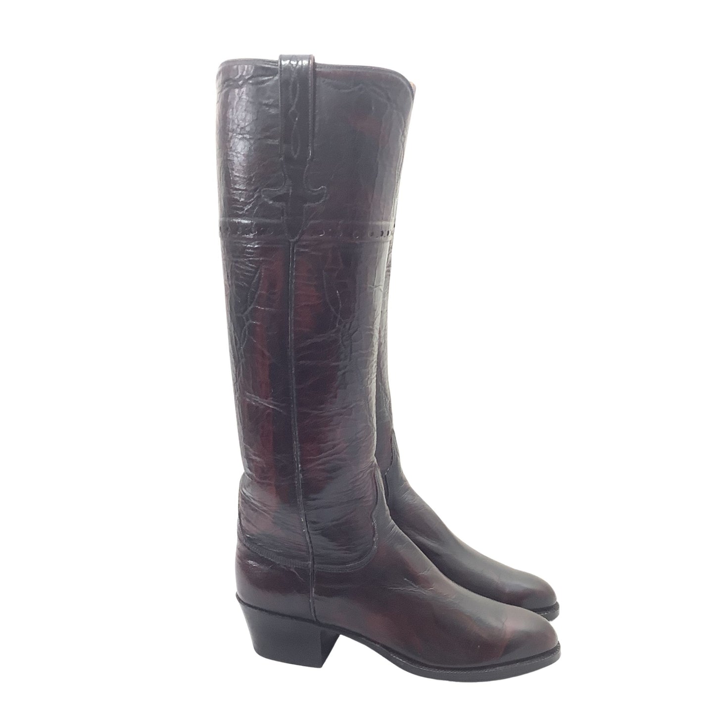 Vintage Lucchese women's western boots in reddish brown with block heel side view.
