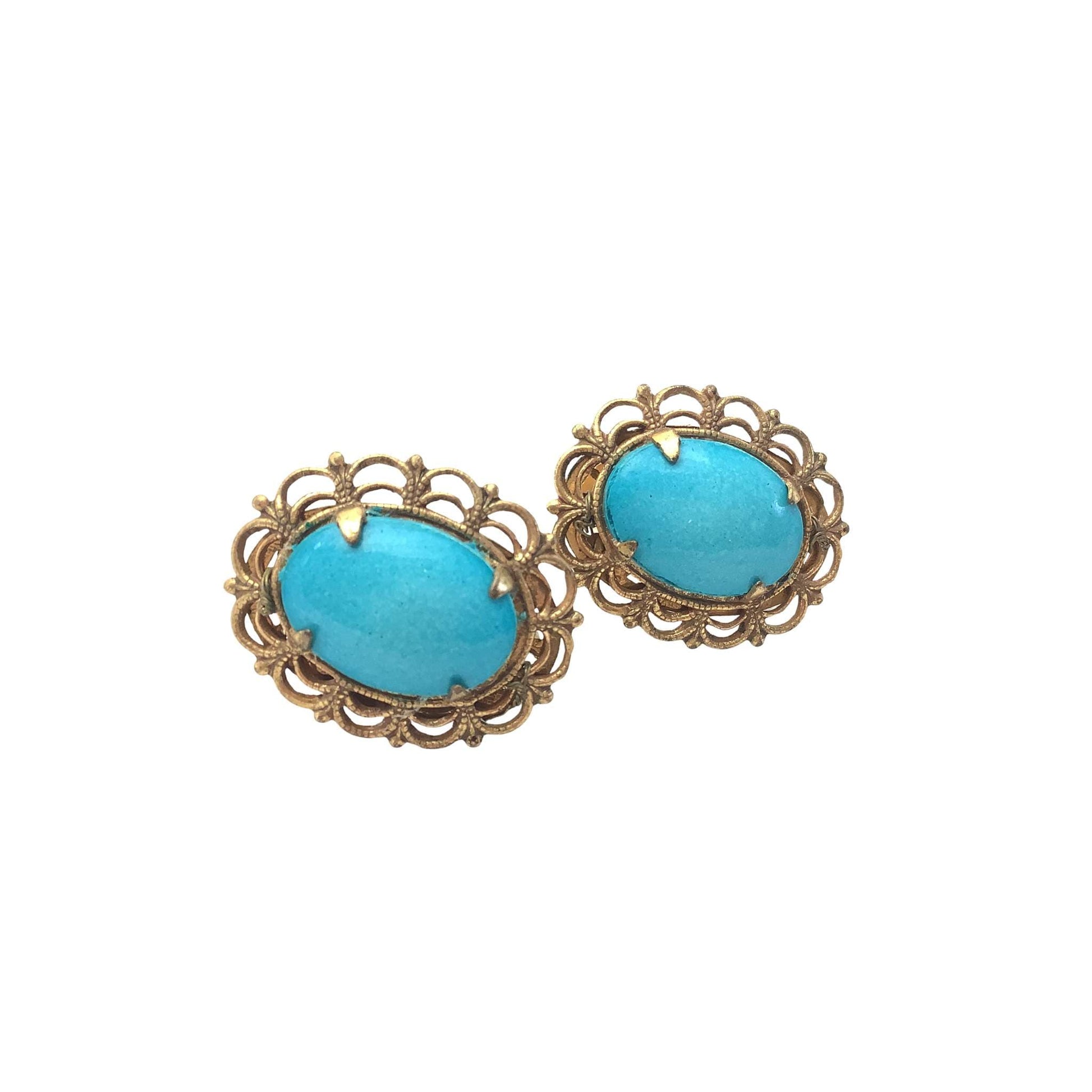 Pair of turquoise earrings with gold filigree top side view 