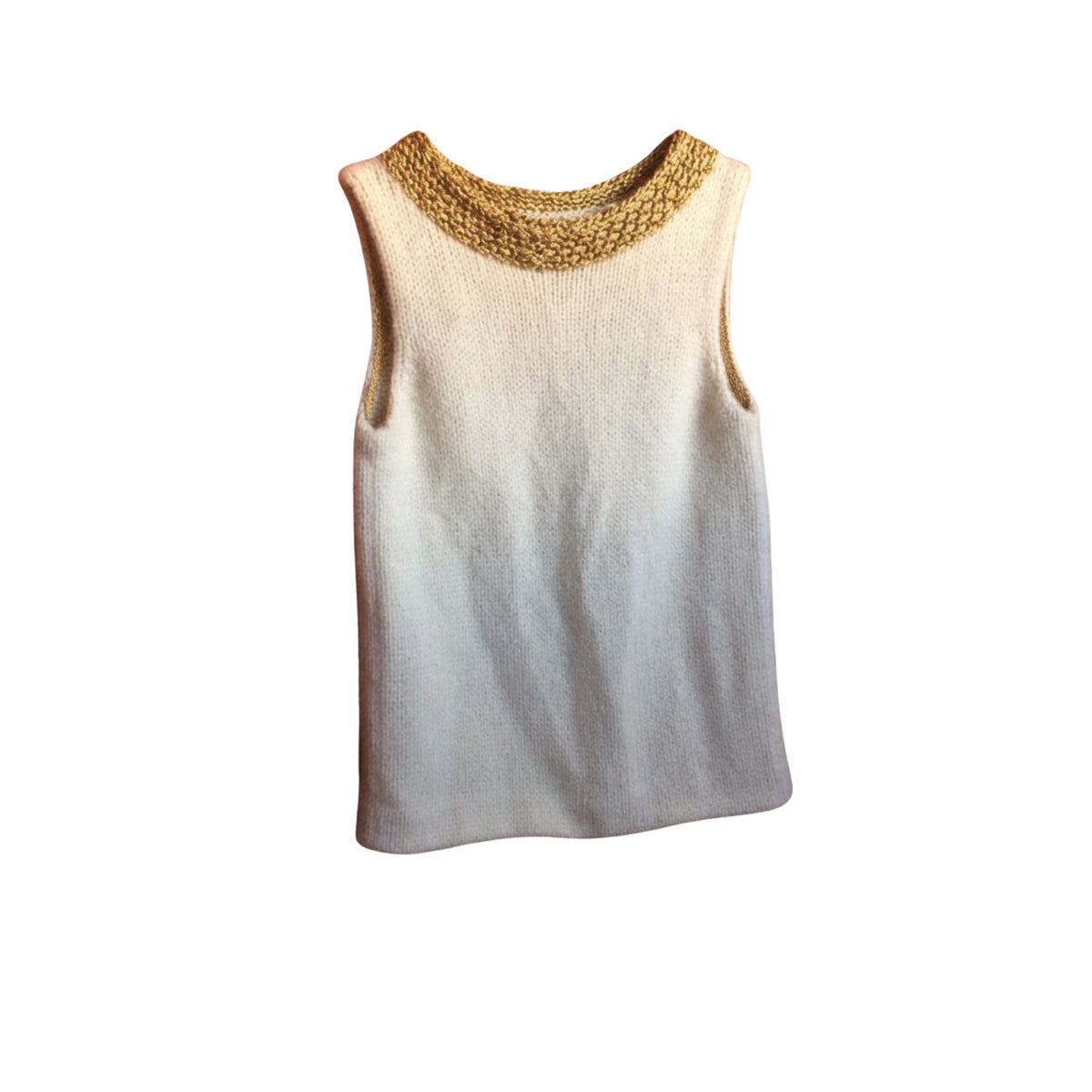 A sleeveless knit top with a gradient color transition from a warm beige at the top to a cool light gray at the bottom, featuring a textured mustard yellow knit crew neck.
