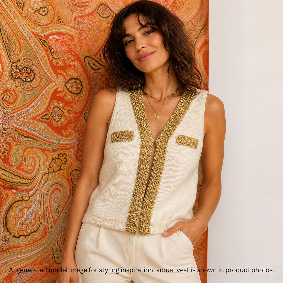 A woman models a sleeveless cream knit vest with textured gold trim and matching gold chest pocket details, standing in front of a large orange and beige paisley patterned textile against a white wall.