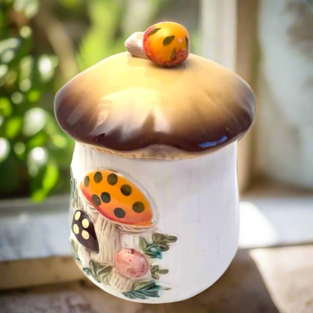 Mushroom Kitchen Canister by window sill greenery background sunny window