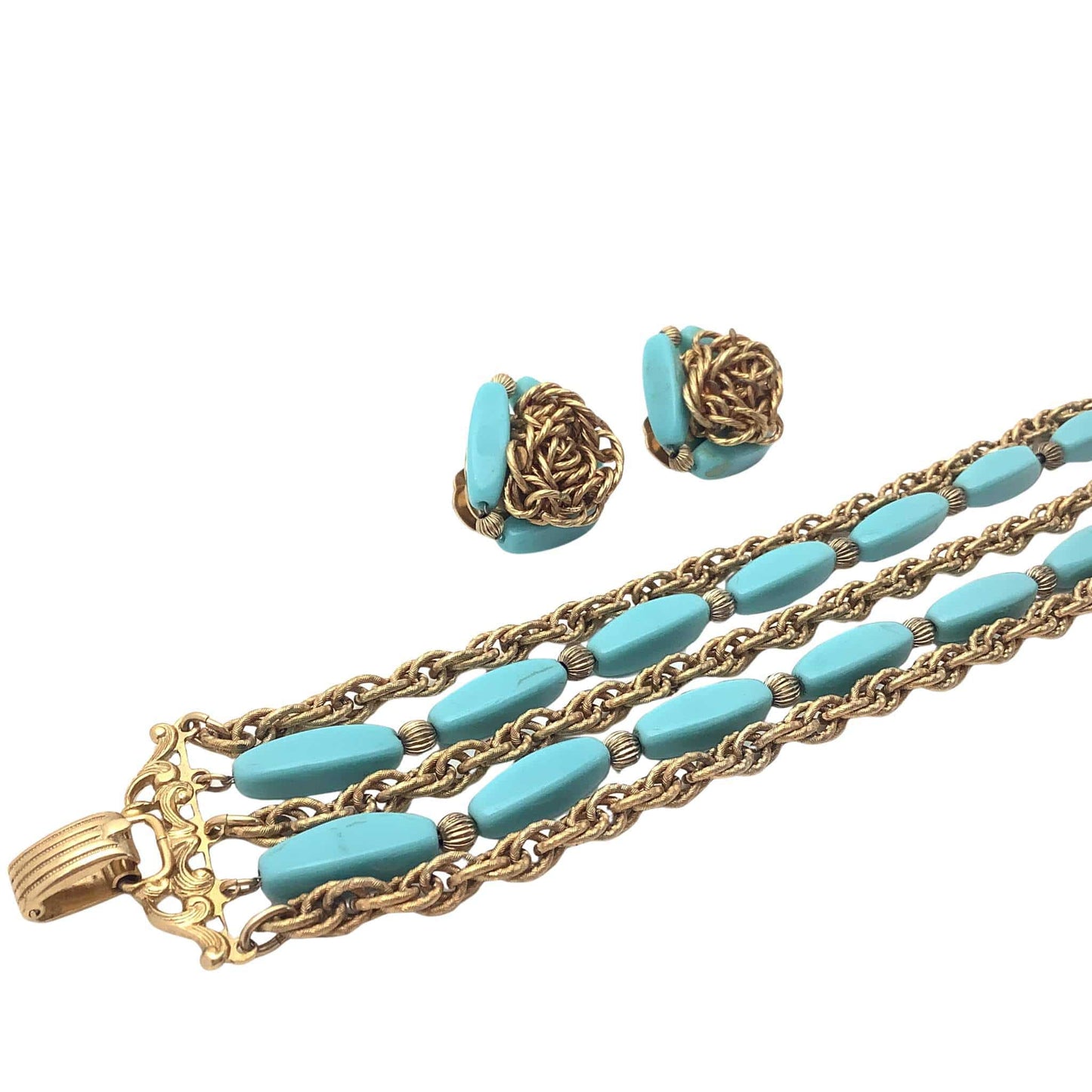Turquoise beaded necklace with gold chain and matching earrings