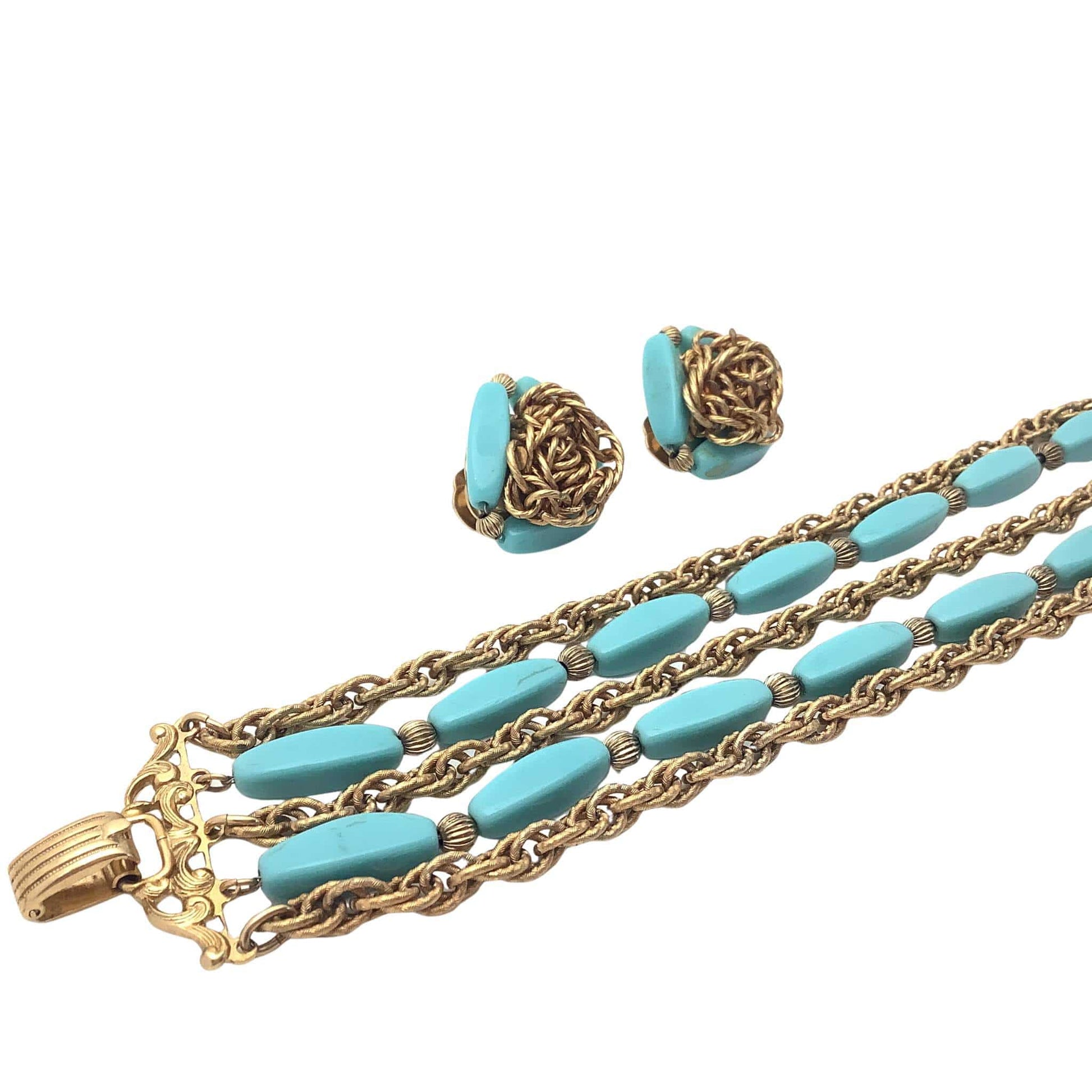 Turquoise beaded necklace with gold chain and matching earrings