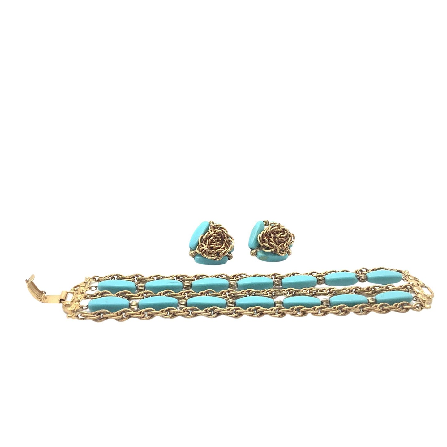Gold bracelet with turquoise stones and matching earrings