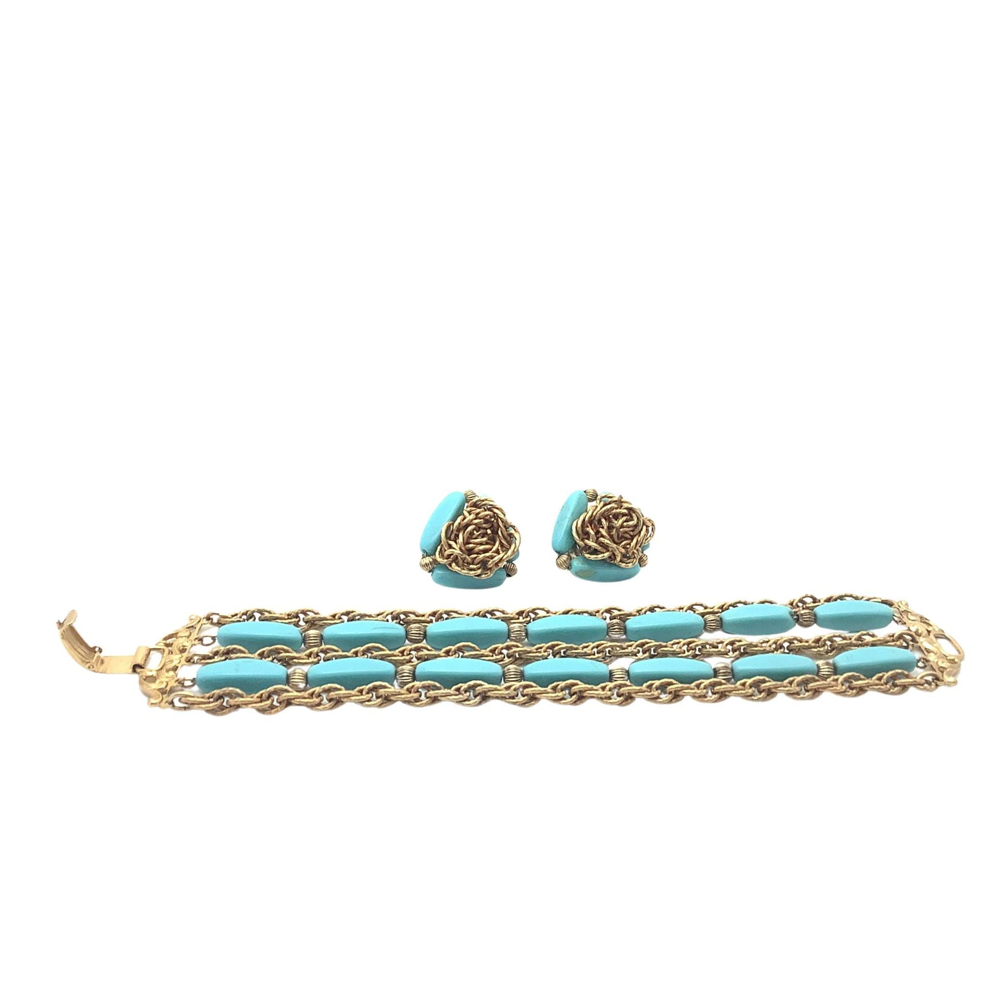 Gold bracelet with turquoise stones and matching earrings