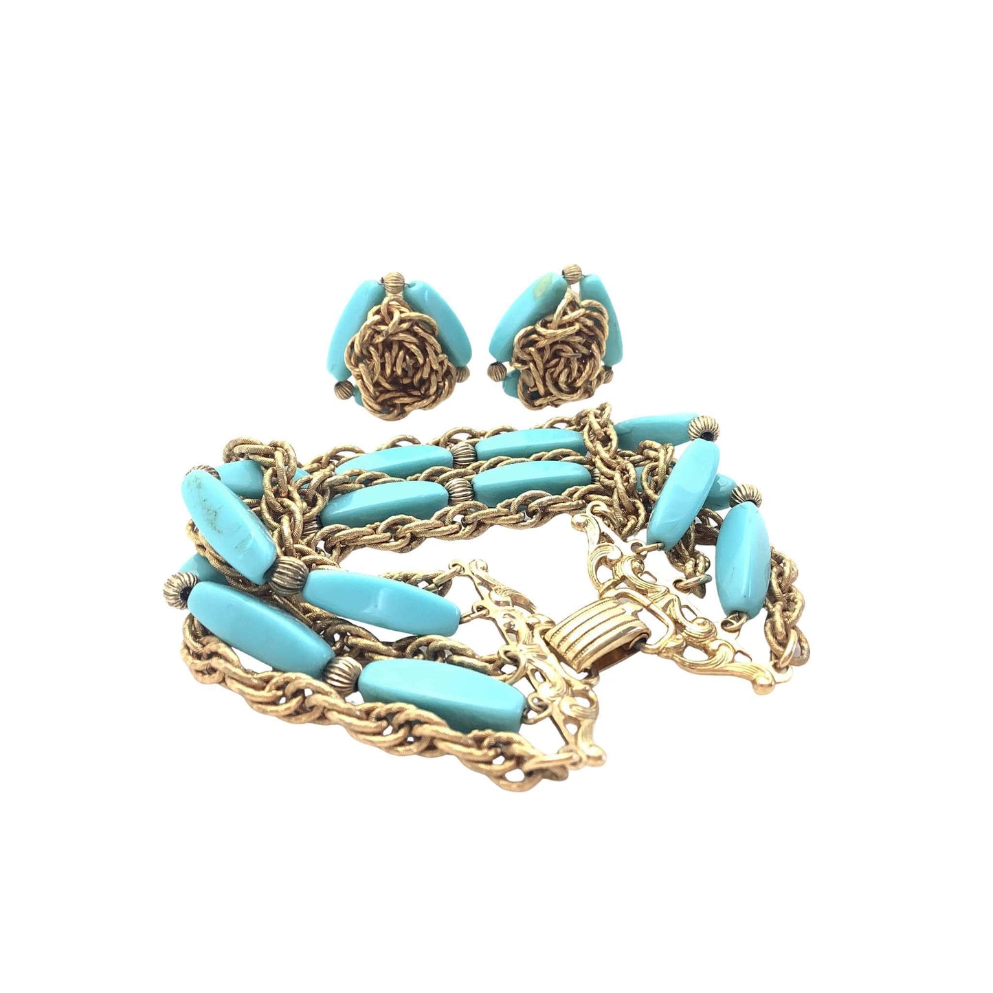 Turquoise beaded bracelet and earrings with gold chain