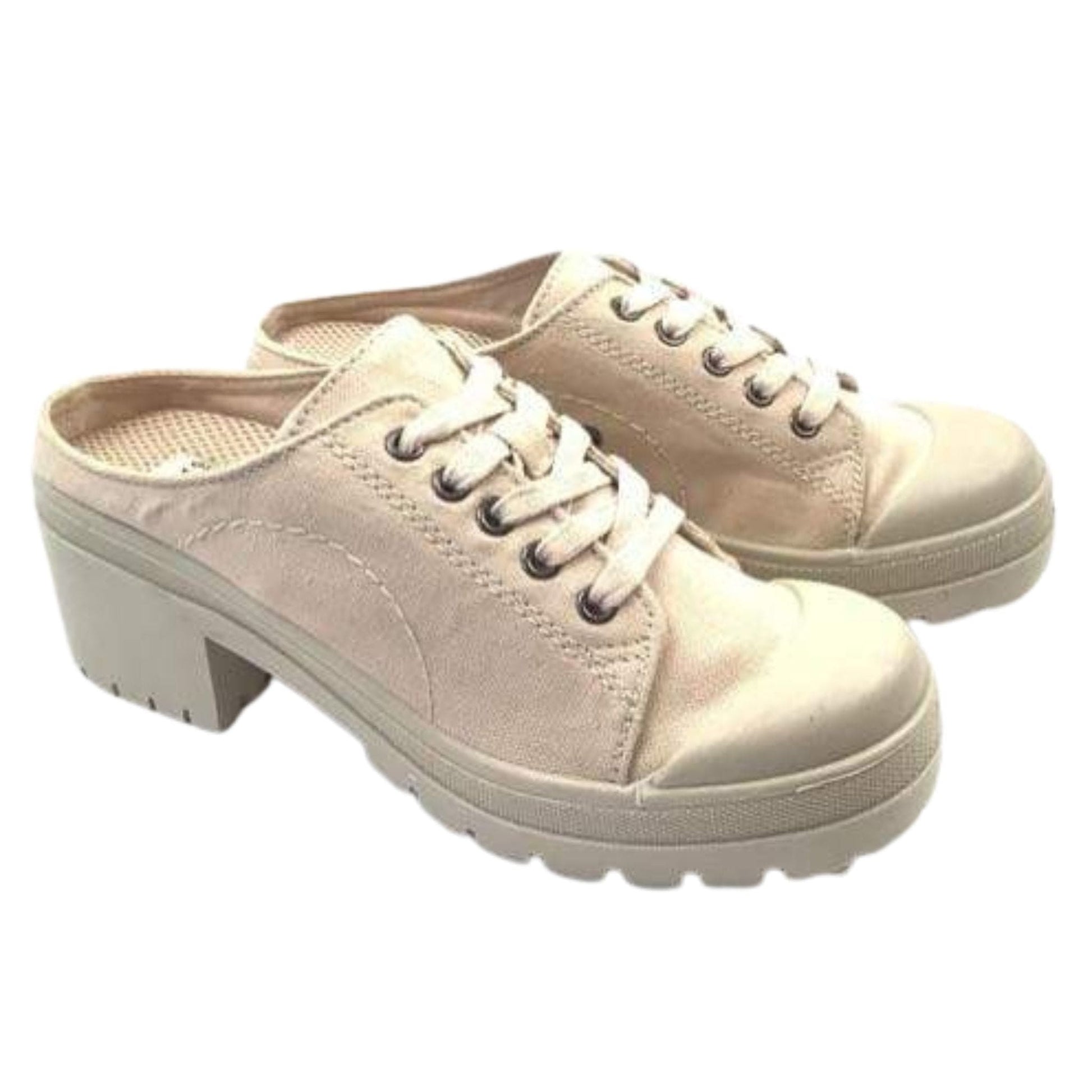 Beige Canvas Chunky Mules