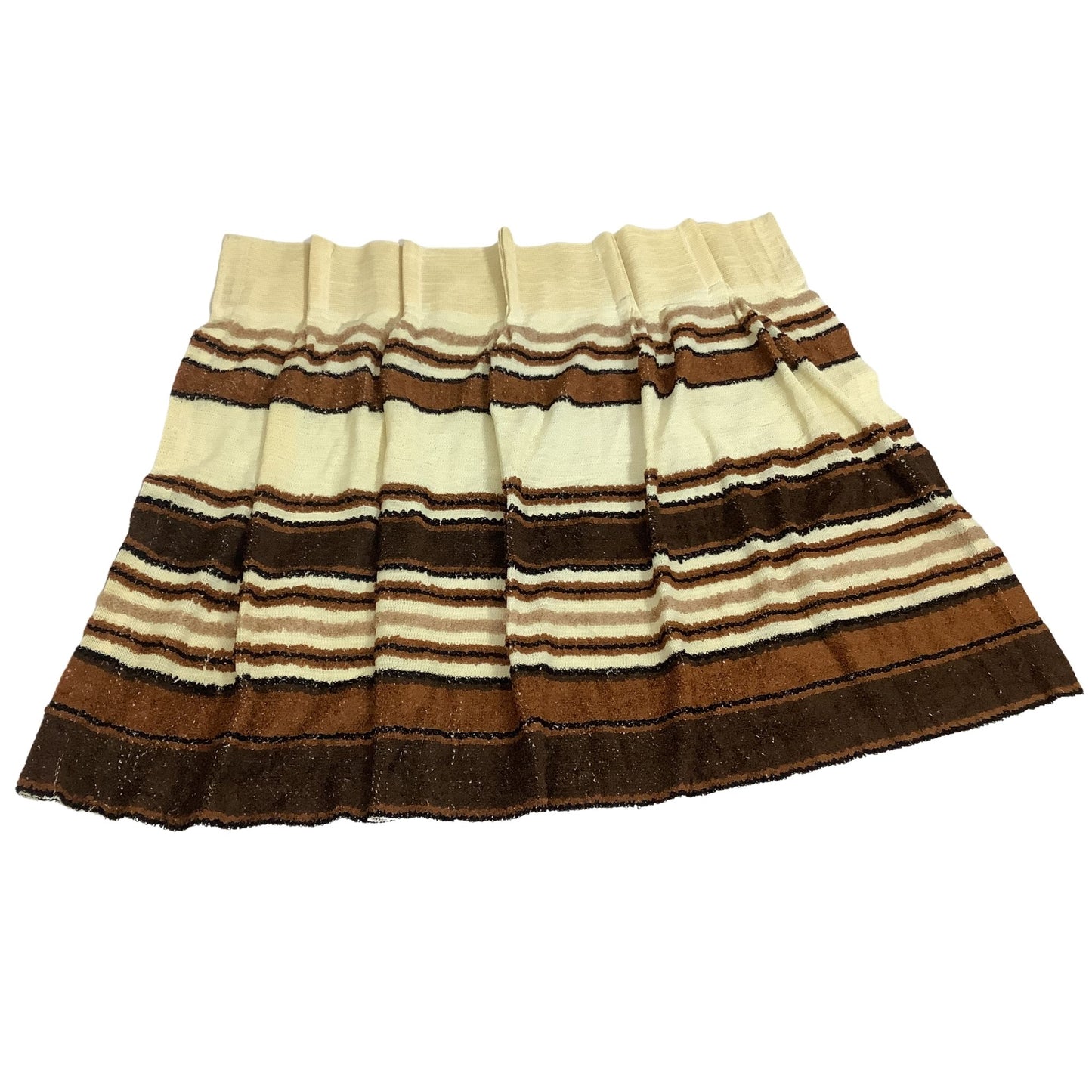 A pleated cafe curtain with horizontal stripes in beige and brown, shown against a plain white background.