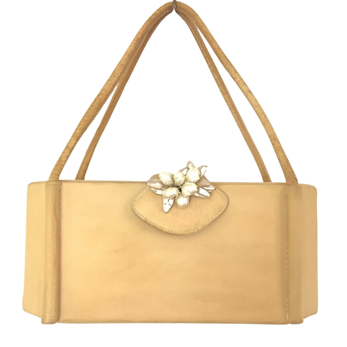 Front view of vintage 1940s Palizzio yellow handbag with cluster pearl adornment.