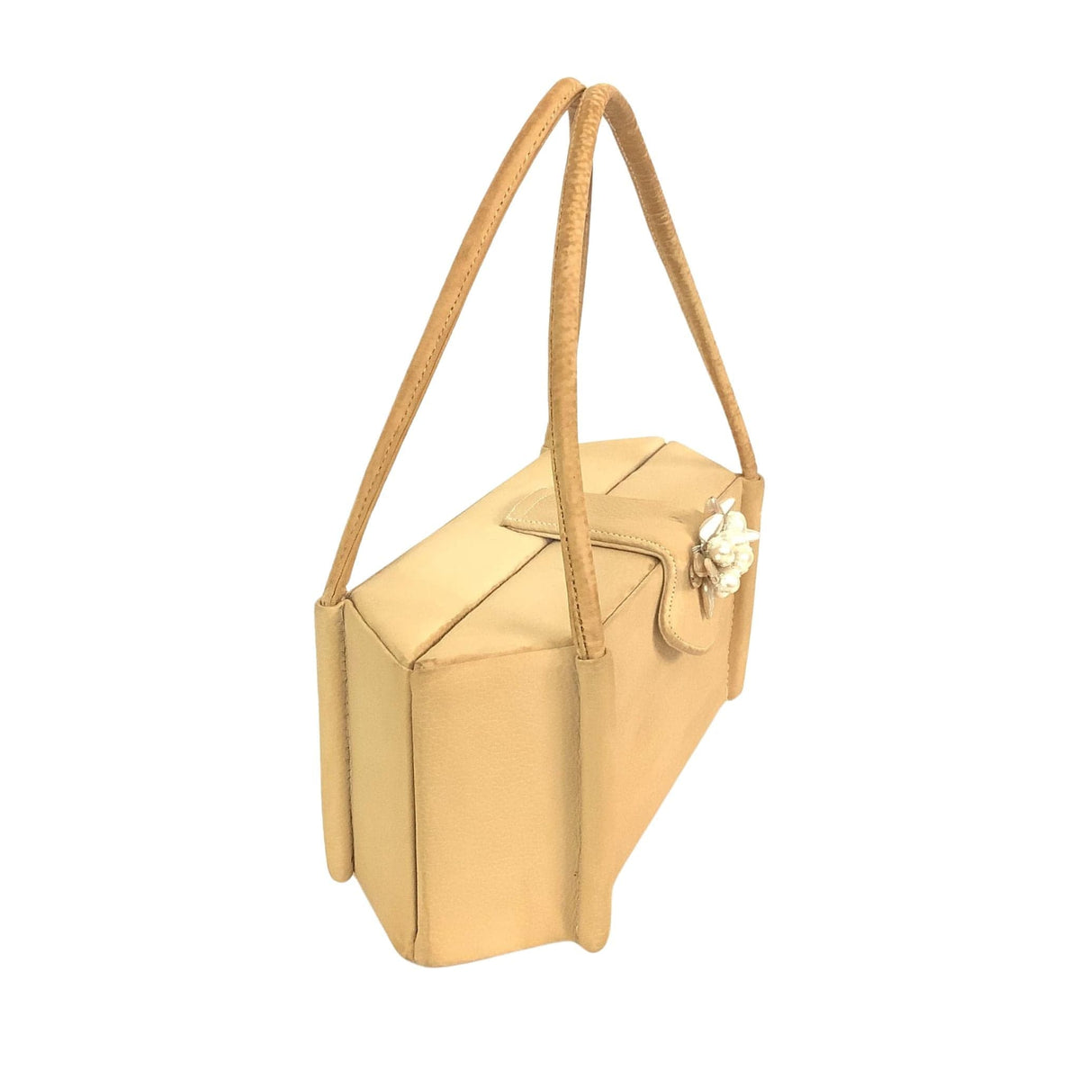 Side view of vintage Palizzio yellow handbag with cluster pearl adornment.