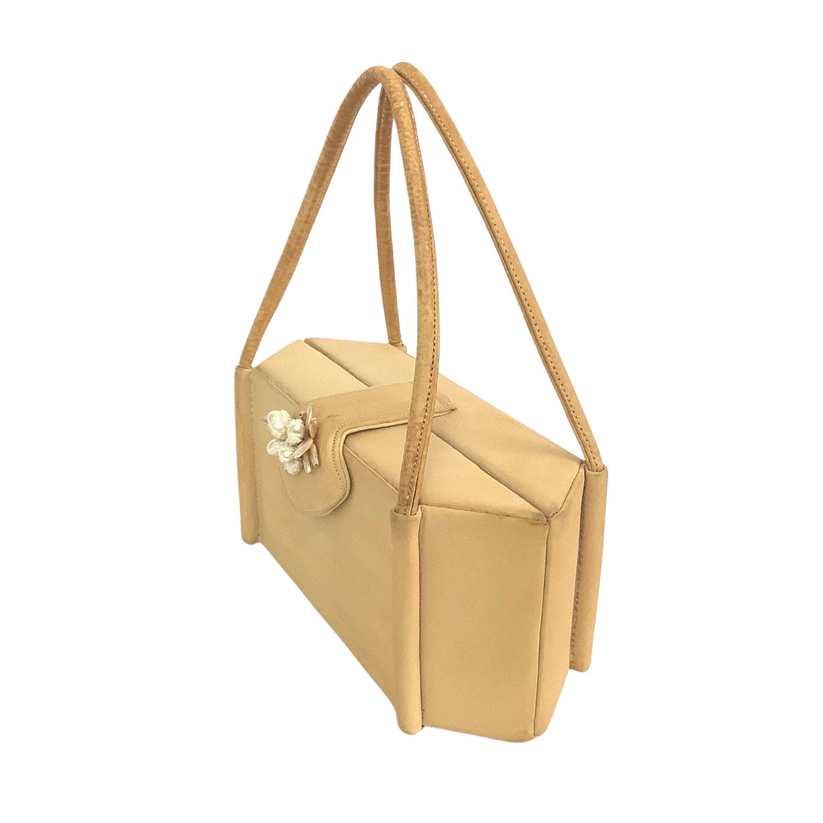 Top-side view of vintage Palizzio yellow handbag with cluster pearl adornment.