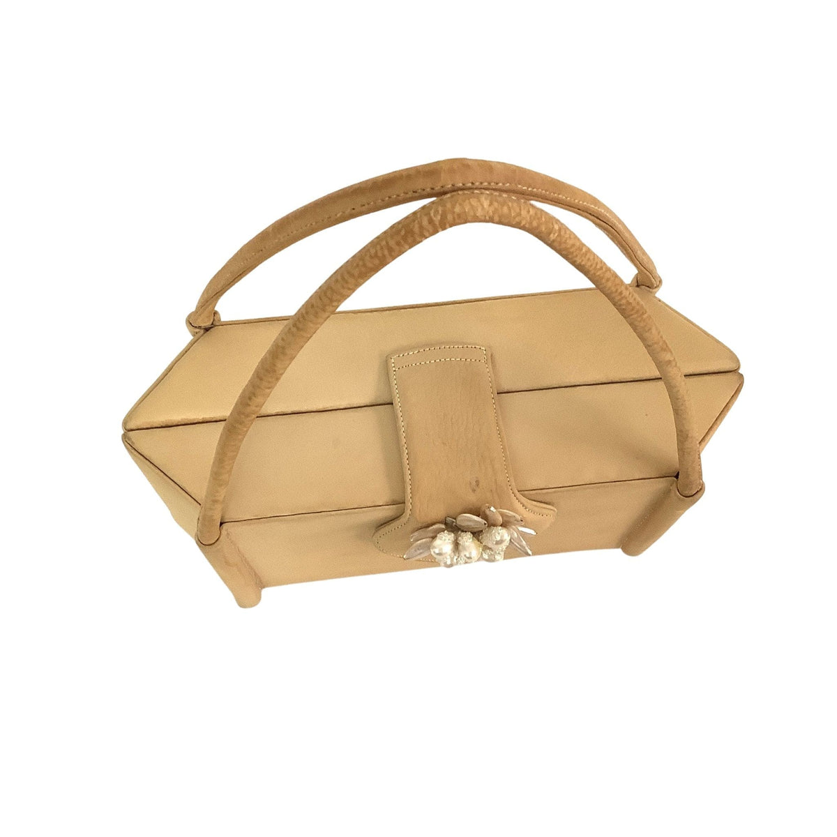 Top view of vintage Palizzio yellow handbag with cluster pearl adornment.