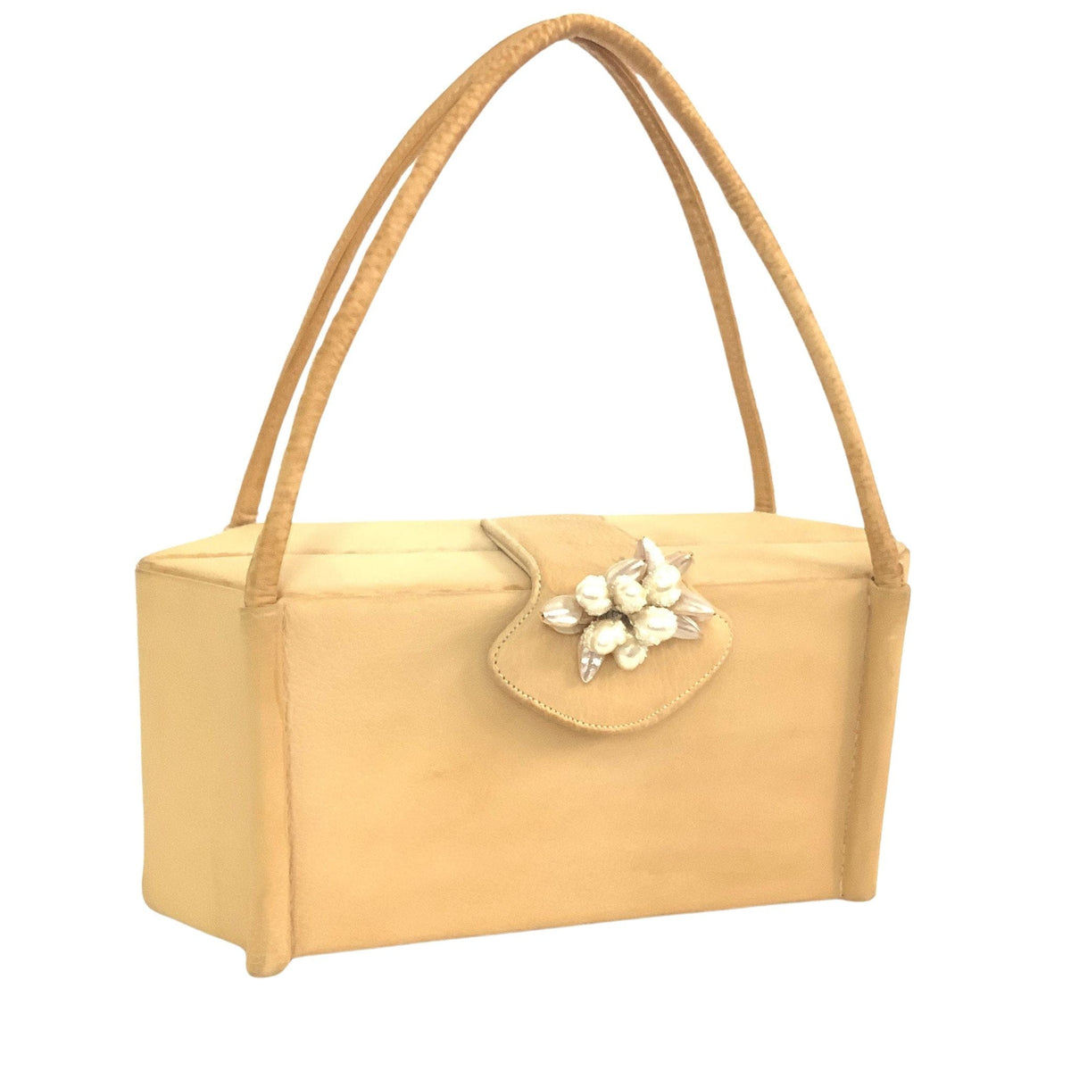Palizzio yellow handbag with cluster pearl adornment.