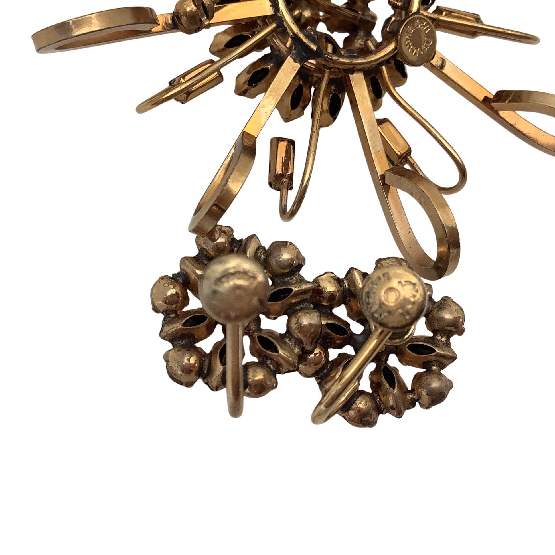 Vintage Pierre Brooch and Earrings Set Gold Filled Collectible Rhinestone Jewelry Backside view of set showing signatures