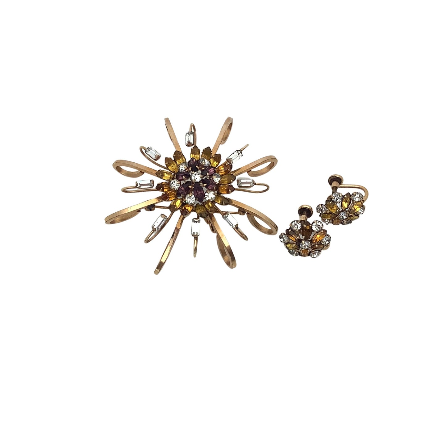 Vintage Pierre Brooch and Earrings Set Gold Filled Collectible Rhinestone Jewelry overview