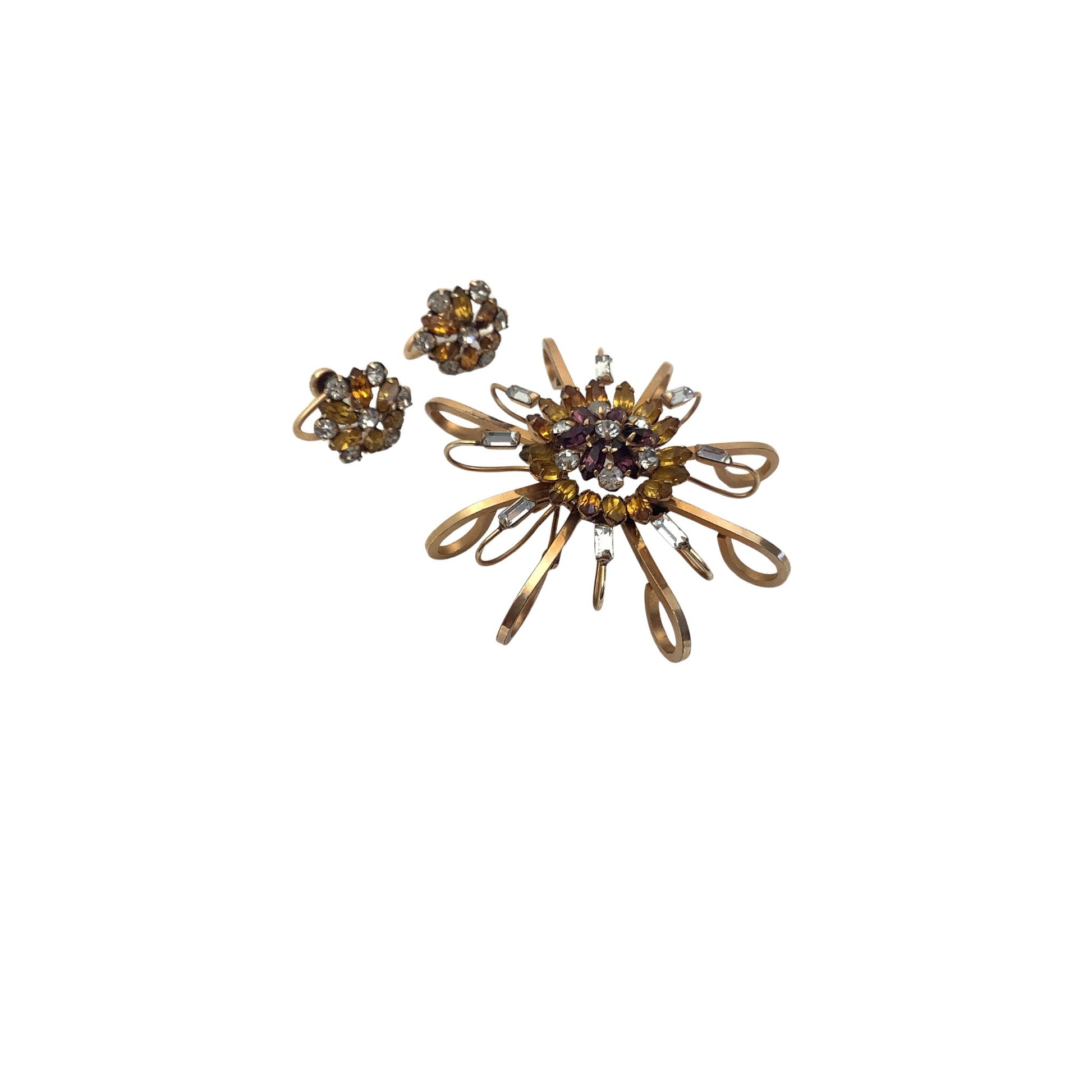 Vintage Pierre Brooch and Earrings Set Gold Filled Emerald Cut Rhinestones Details View