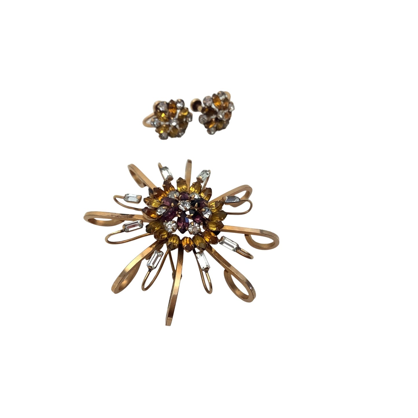 Vintage Pierre Brooch and Earrings Set with Clear and Rootbeer Rhinestones