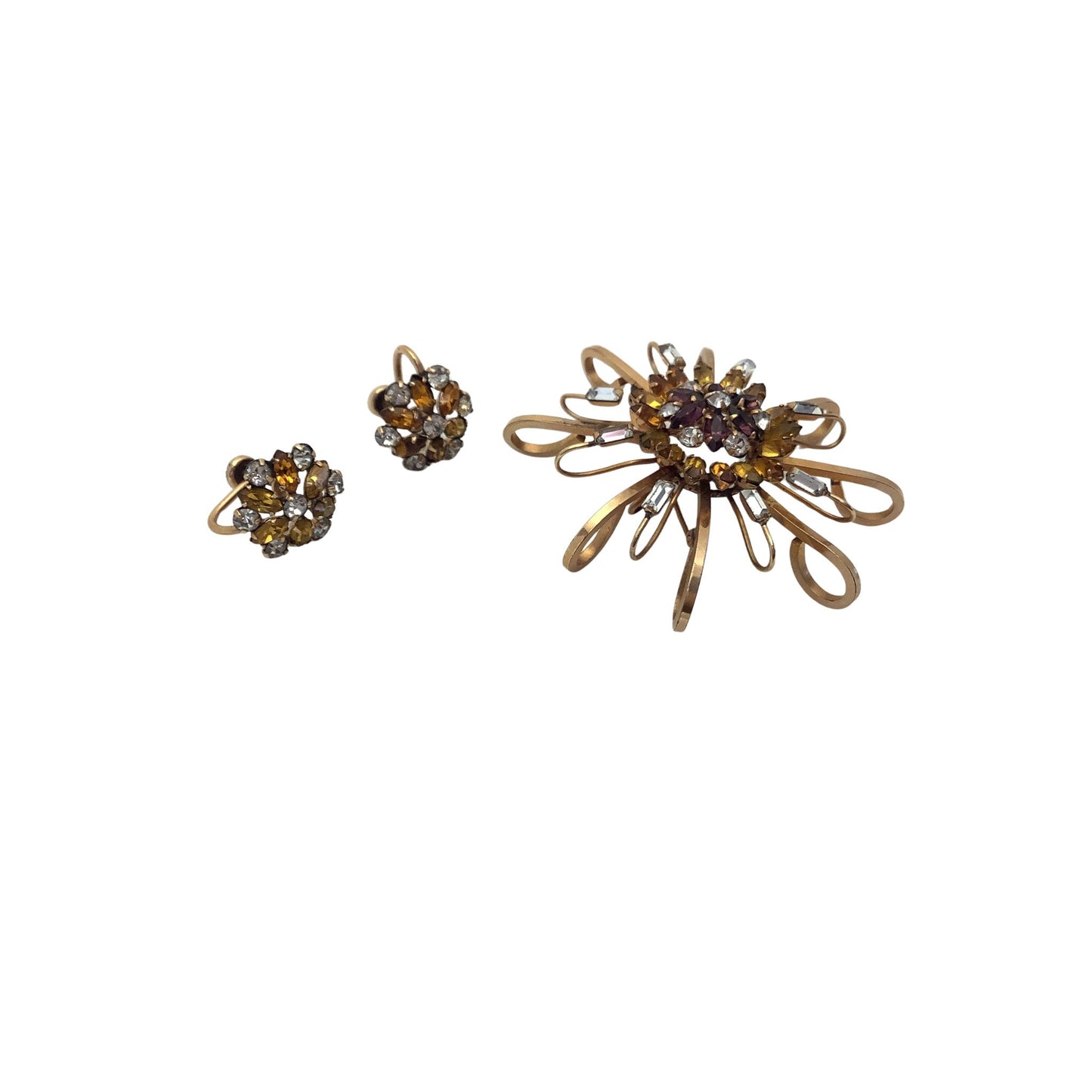 Vintage Pierre Brooch and Earrings Set Gold Filled Jewelry Top-Side View