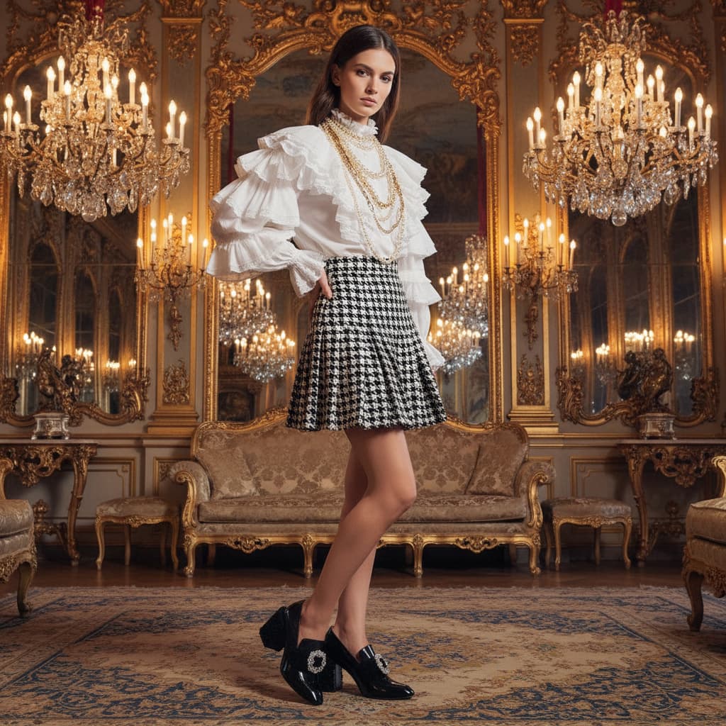 Woman in a white blouse and black and white checkered skirt standing in an opulent room with chandeliers and mirrors.