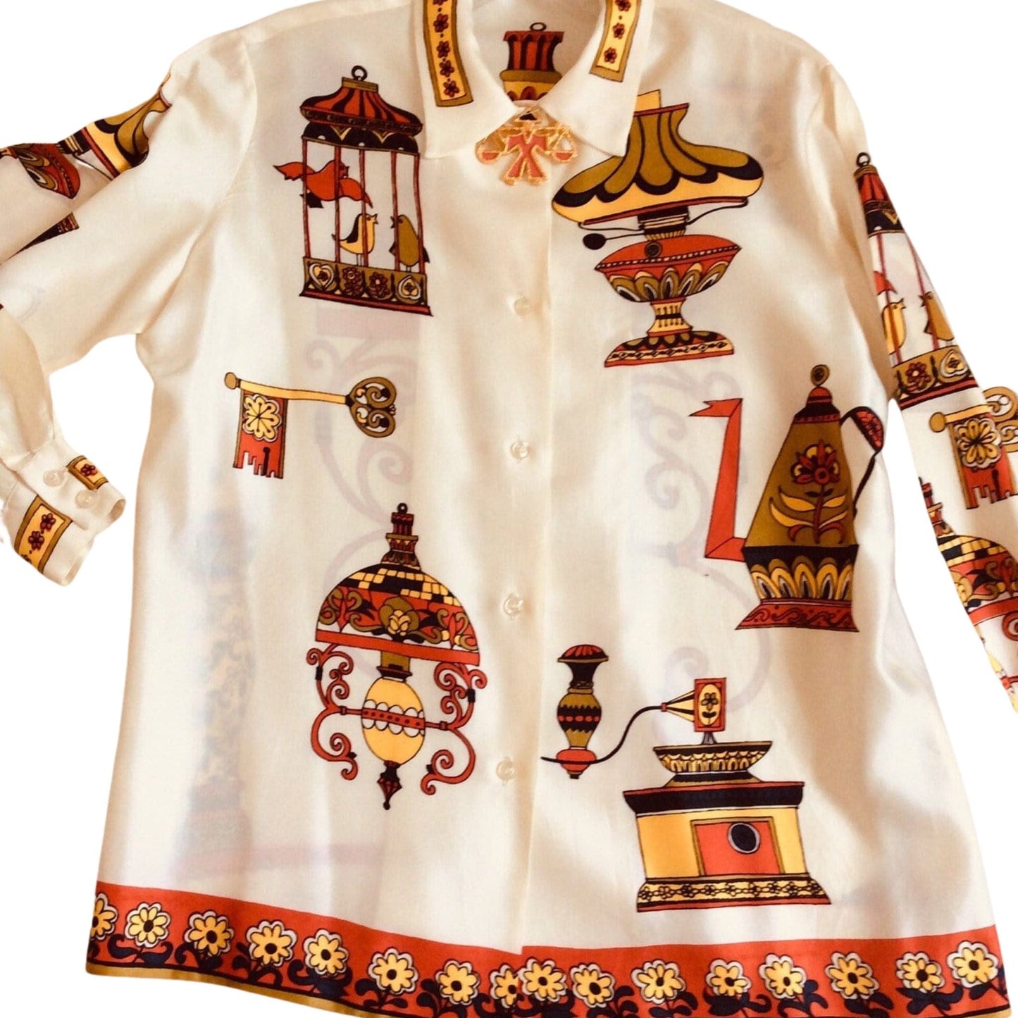 Vintage 1960s Art Deco Blouse - Whimsical Bird Cage - Small