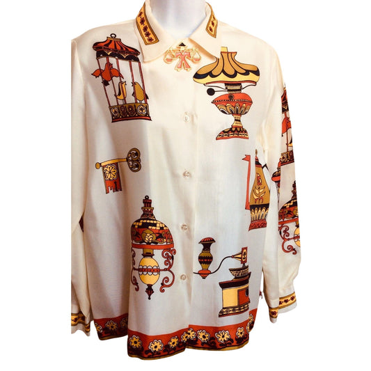 Vintage 1960s Art Deco Blouse - Whimsical Bird Cage - Small