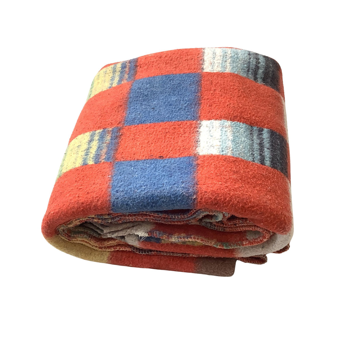 A vintage ranch-life folded plaid blanket with a warm red-multicolor checkered pattern, shown on a plain white background.