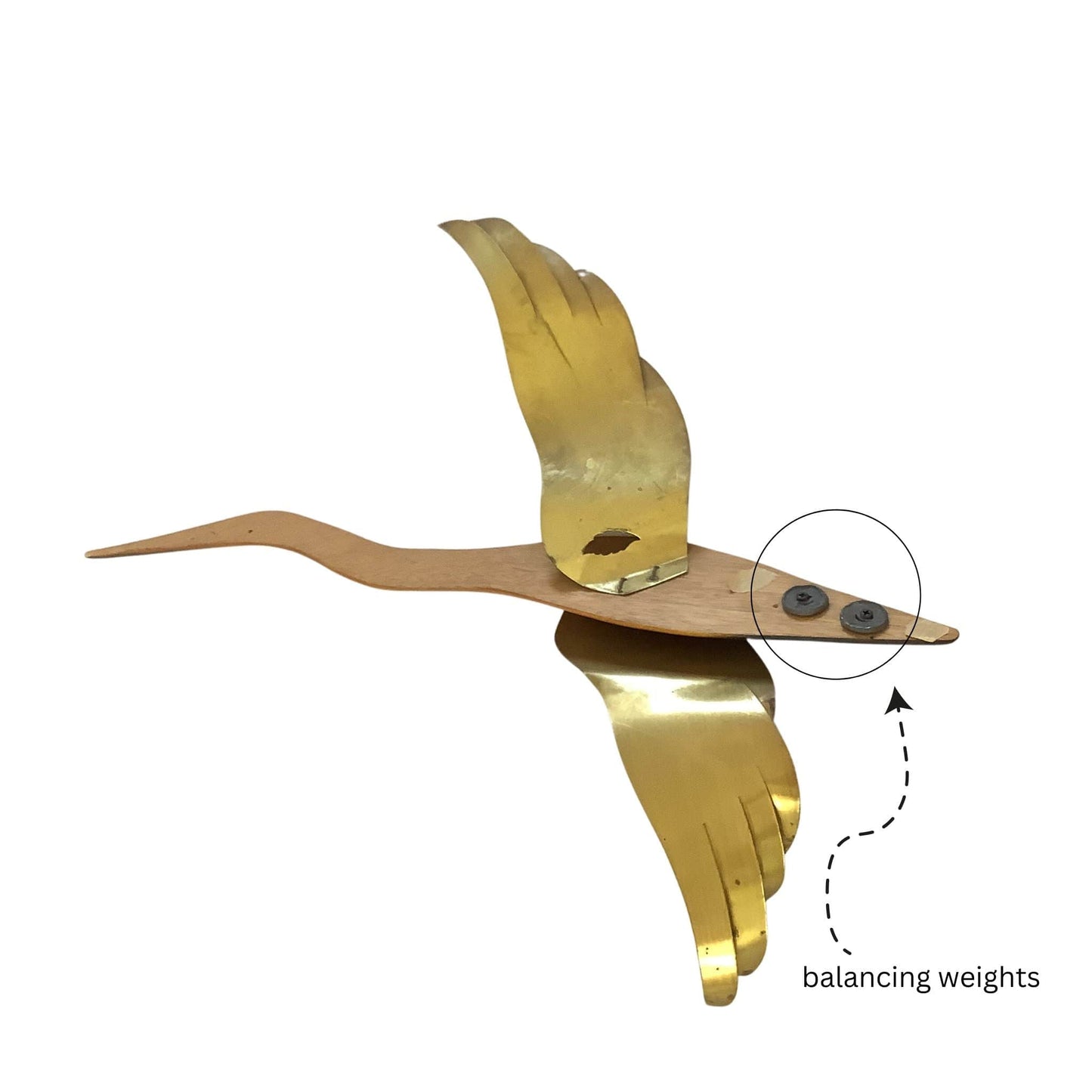 Back view of seagull wall art with balancing weights on a white background