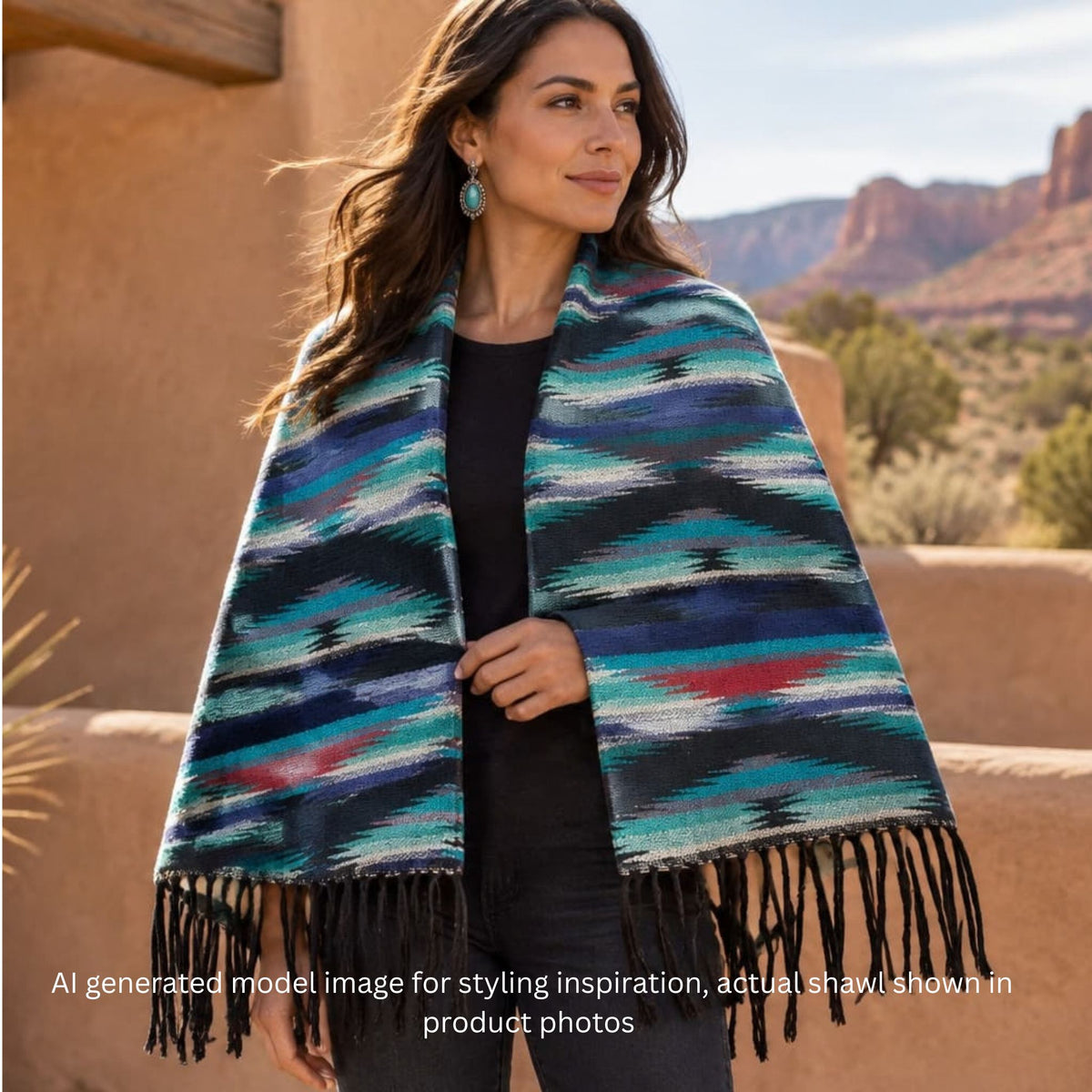 AI-generated image of a woman wearing a vintage Southwestern striped fringe shoulder wrap in turquoise, navy, red, white, and black. Caption: "AI generated model image for styling inspiration, actual shawl shown in product photos"