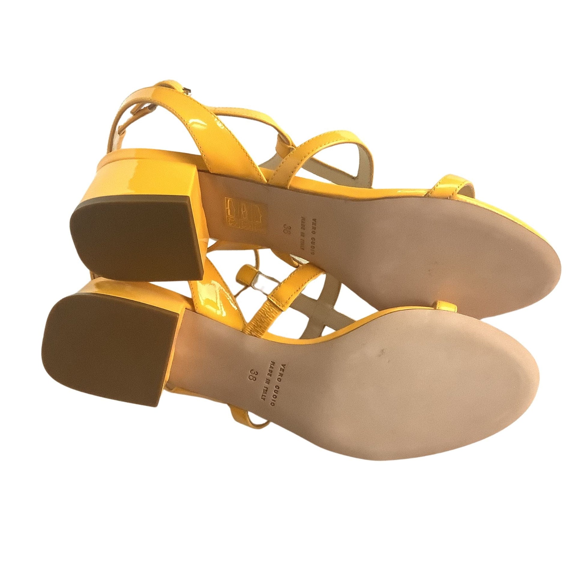 Strappy Pancaldi Yellow Heels - Patent Leather Chunky Heel