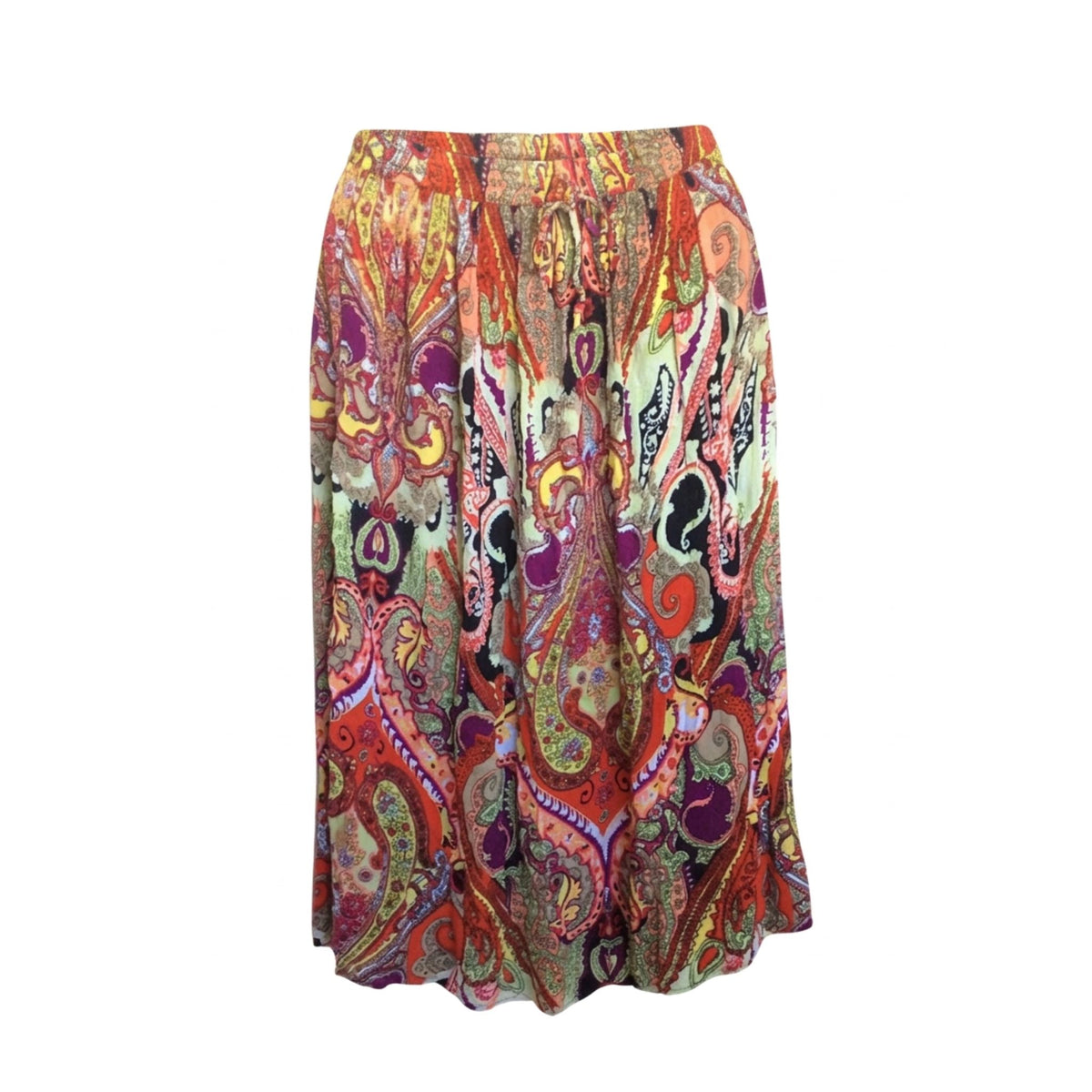 Surrals vintage pleated maxi skirt featuring a vibrant, multicolored paisley and floral pattern in shades of orange, red, purple, green, and beige, set against a plain white background.
