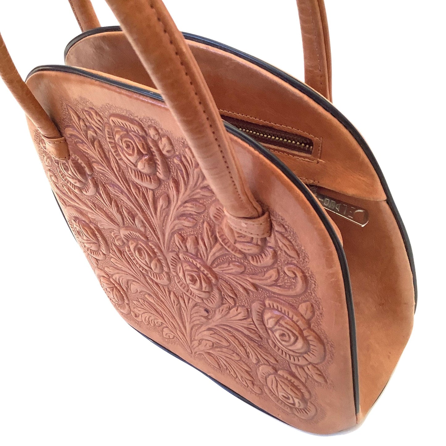 Tooled Leather Floral Purse Tan / Leather / Vintage 1960s