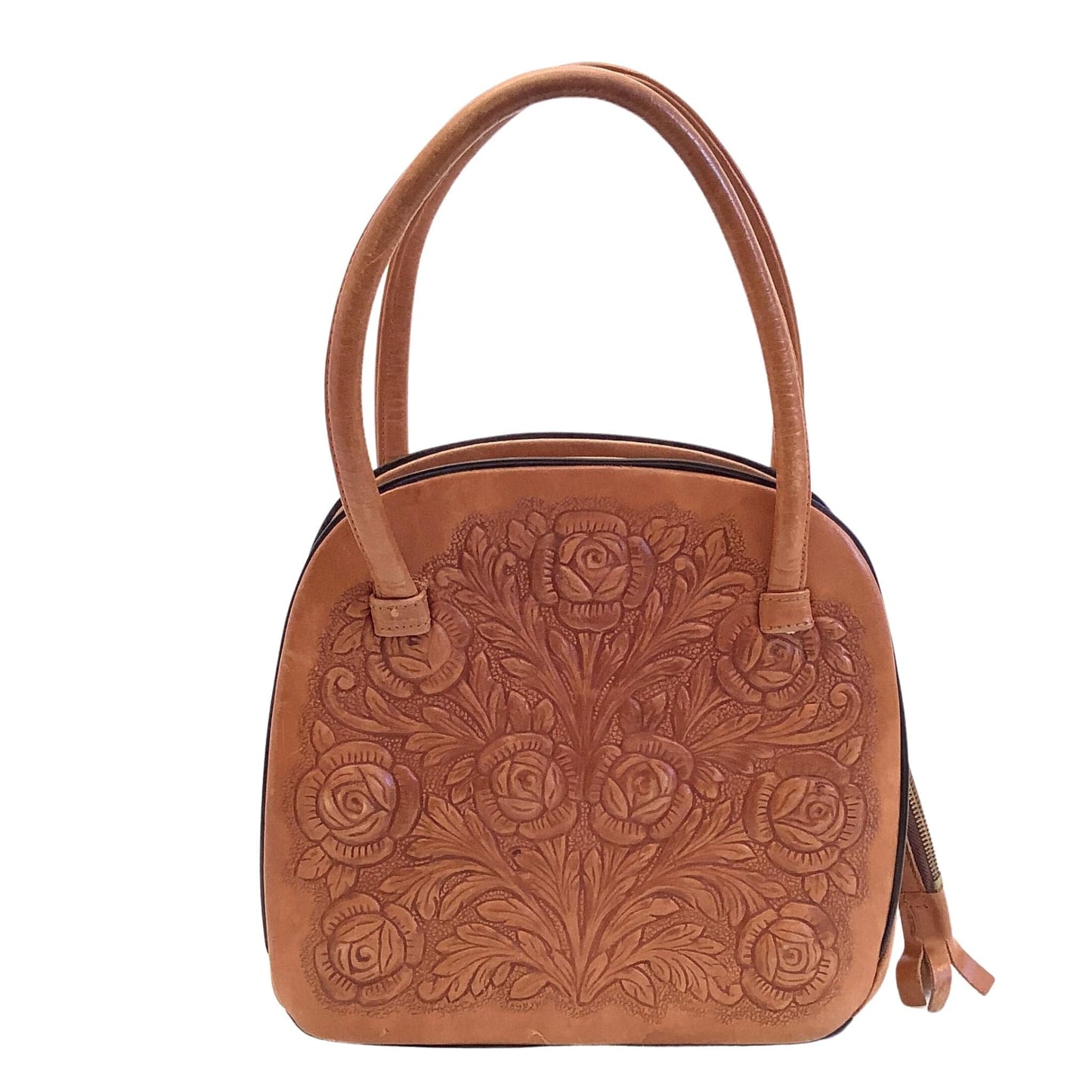 Tooled Leather Floral Purse Tan / Leather / Vintage 1960s
