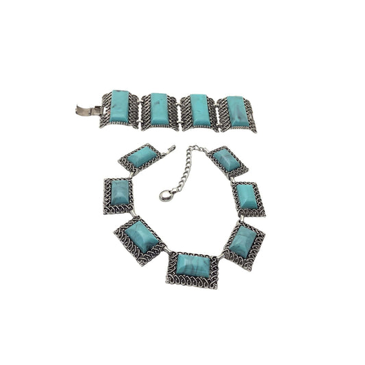 Vintage 1950s Southwestern faux turquoise bracelet silver tone metal plastic oblong panels top view