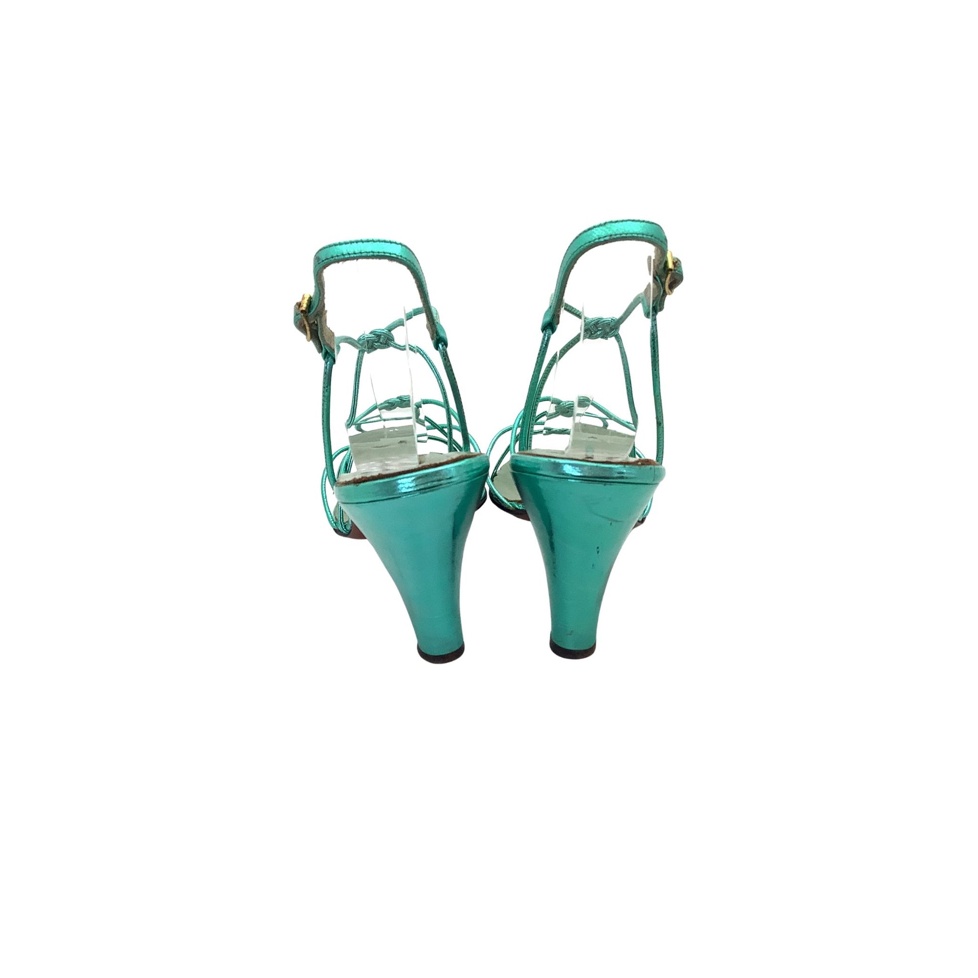 Galliano vintage metallic green-turquoise high-heeled shoes heel view