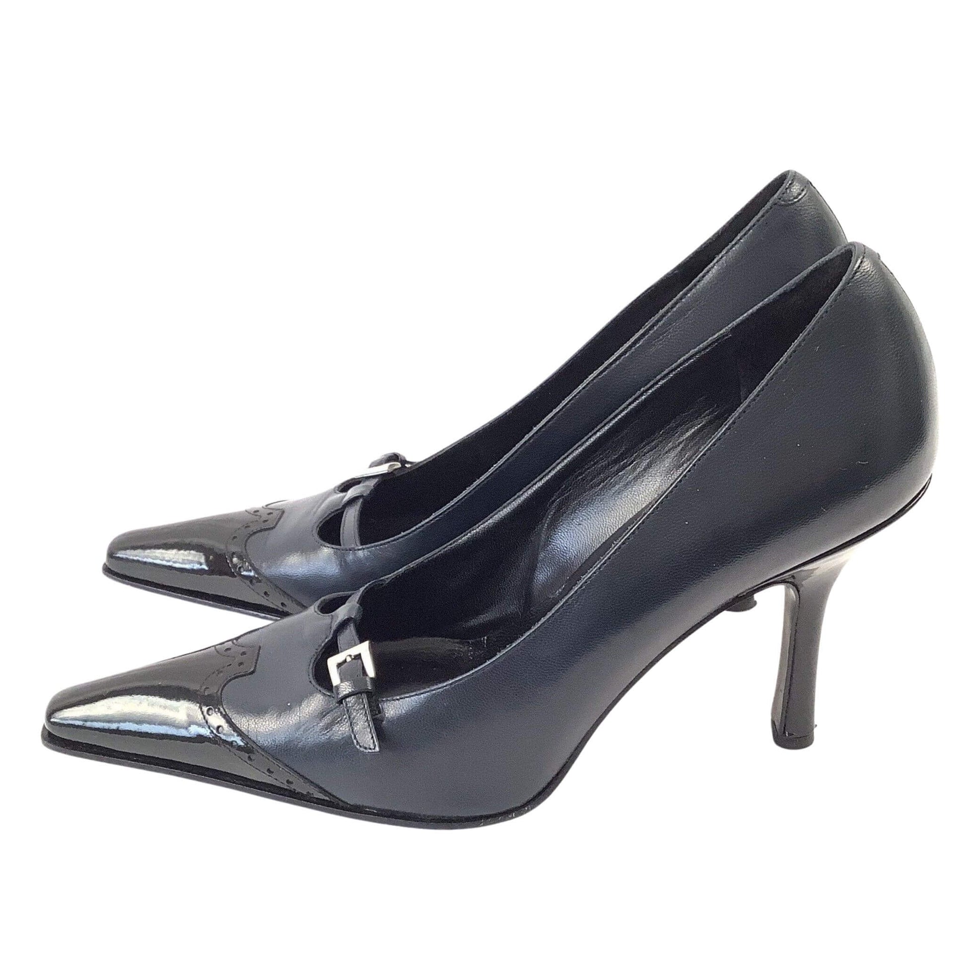 Pair of Via Spiga black high-heeled pump shoes with small buckle accents right-side view