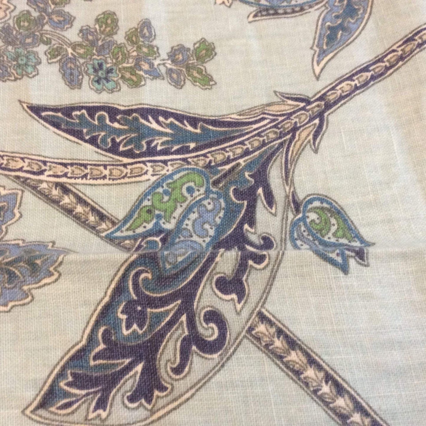 Blue Paisley Linen Fabric close up view