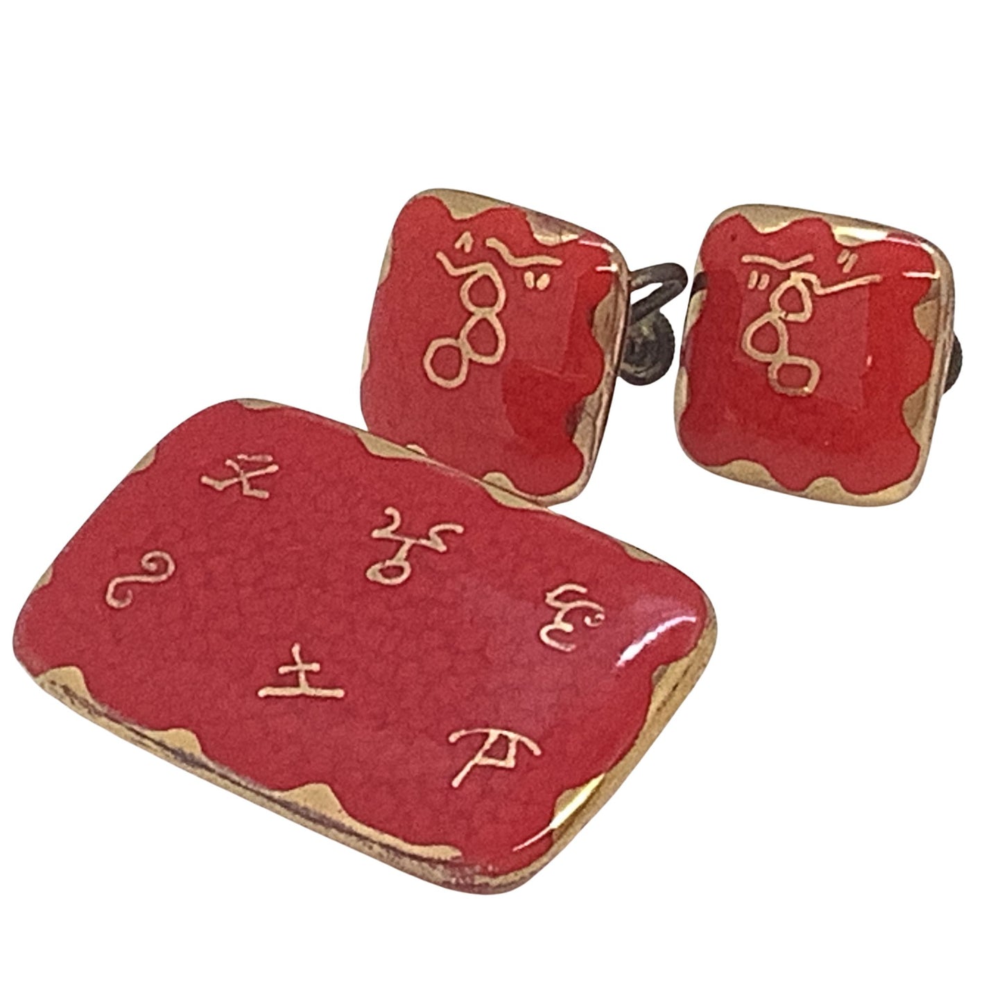 Vintage 1950s Earrings and Pin set on a white background