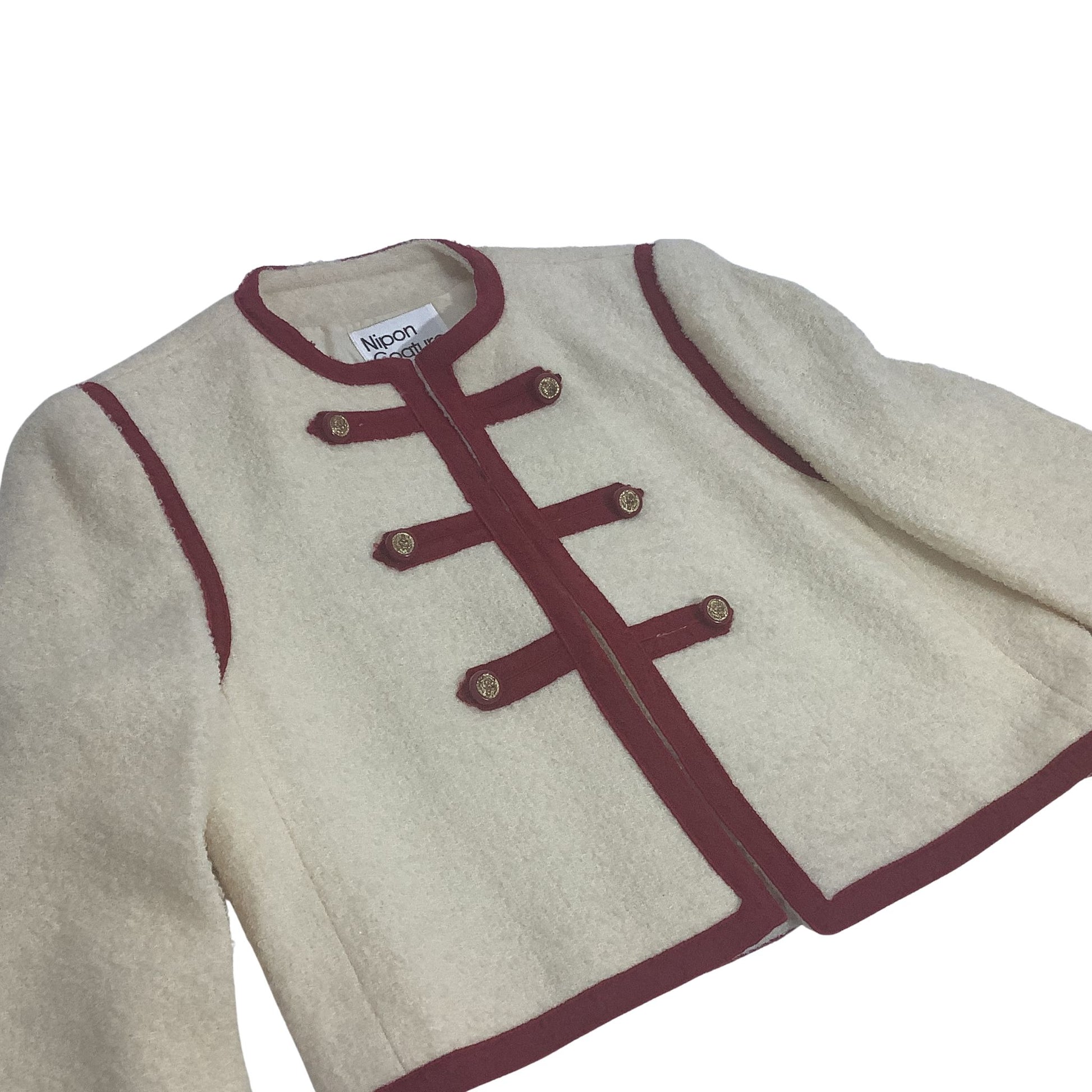 Vintage Albert Nipon Beige Wool Burgundy Trim Jacket