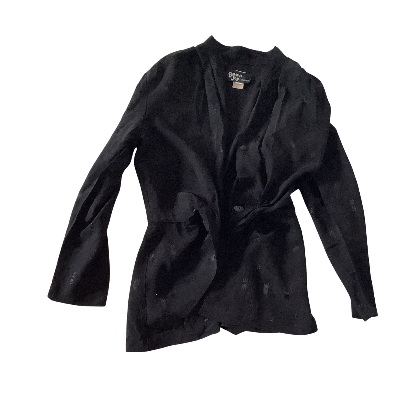 A black long-sleeve wrap-style jacket with a subtle tone-on-tone pattern, laid flat against a white background. The jacket features a V-neckline, button closure, and a knotted front detail.
