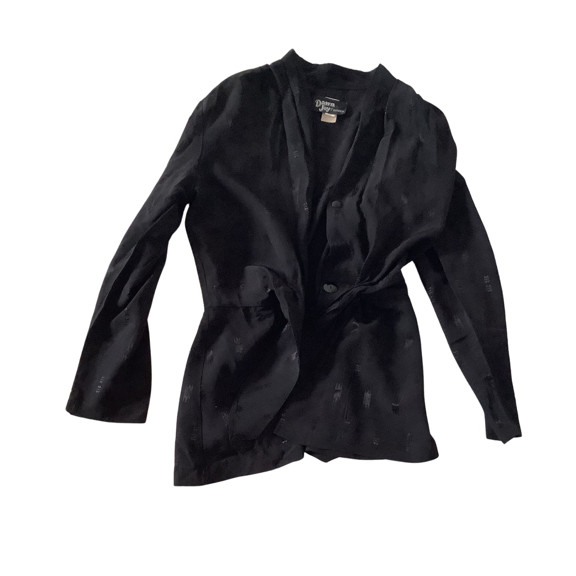 A black long-sleeve wrap-style jacket with a subtle tone-on-tone pattern, laid flat against a white background. The jacket features a V-neckline, button closure, and a knotted front detail.