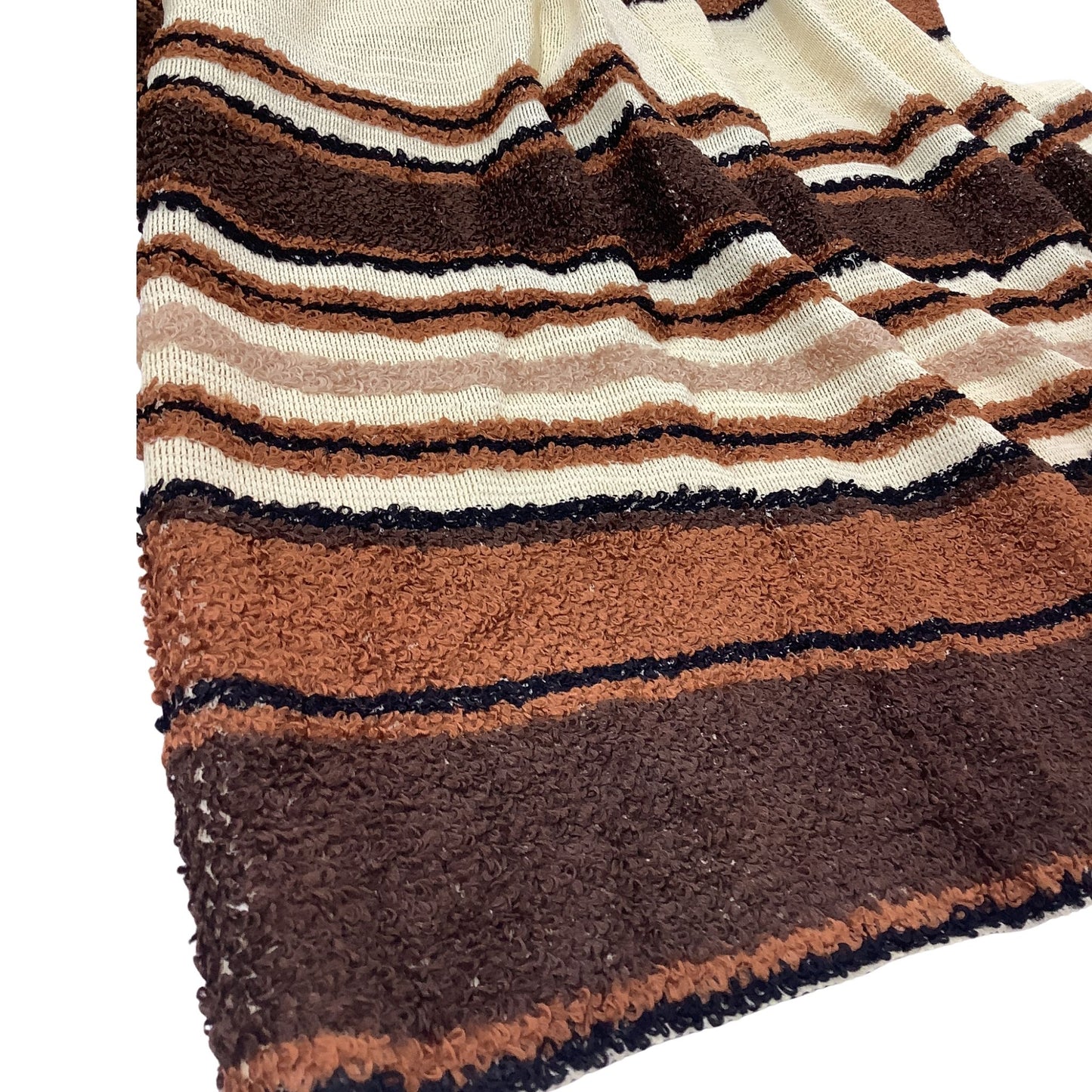 A close-up of a striped cafe curtain,  featuring horizontal bands of cream, light brown, medium brown, and dark brown with thin black stripes, set against a plain white background.