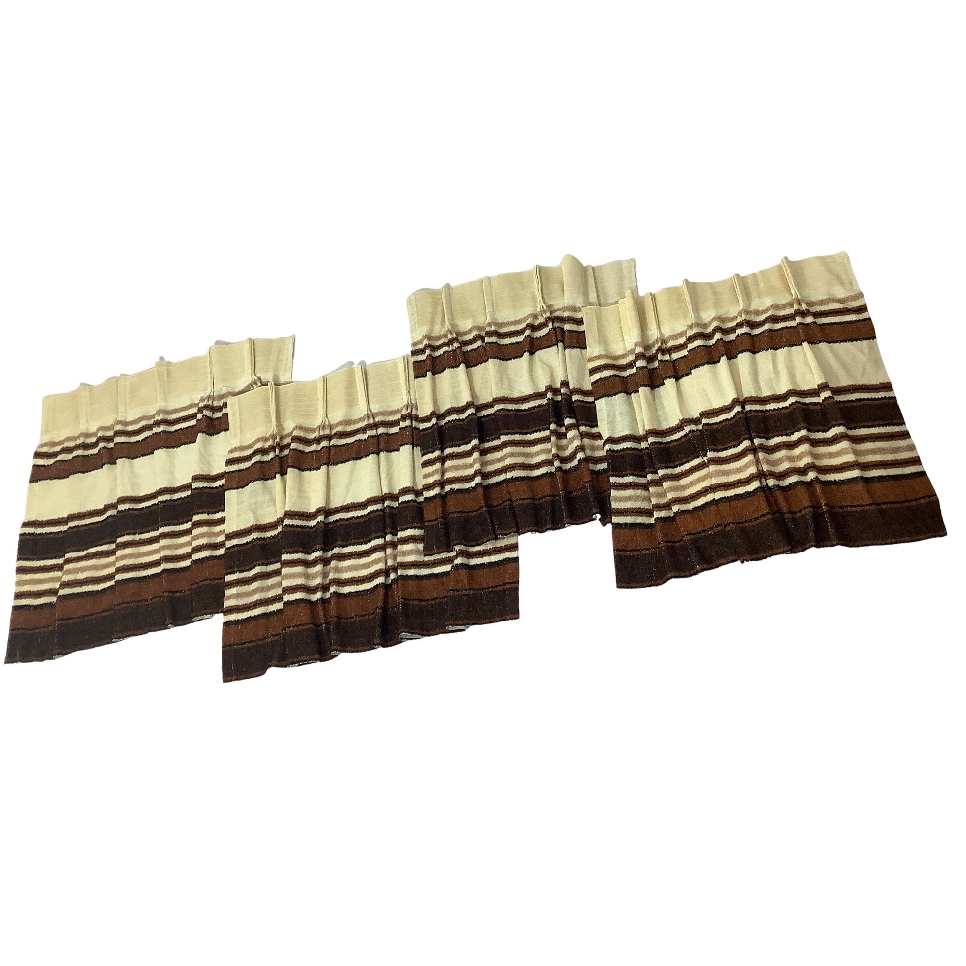 Top view of a set of four striped knit curtains in shades of brown, beige, and black, arranged overlapping on a plain white background.